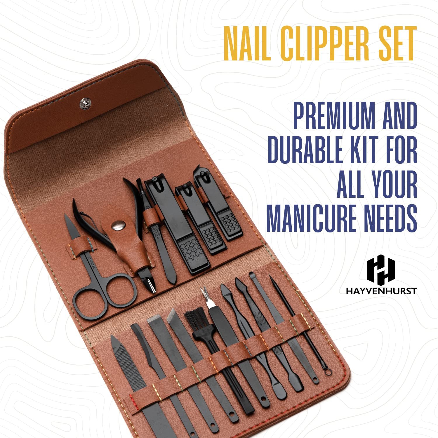 Nail Kit - Nail Clipper Set - Manicure Set -16 Stainless Steel Pieces Manicure Kit For Men’s - Pedicure Kit For Men - Mens Grooming Kit With Brown Leather portable Case by Hayvenhurst - Image 2