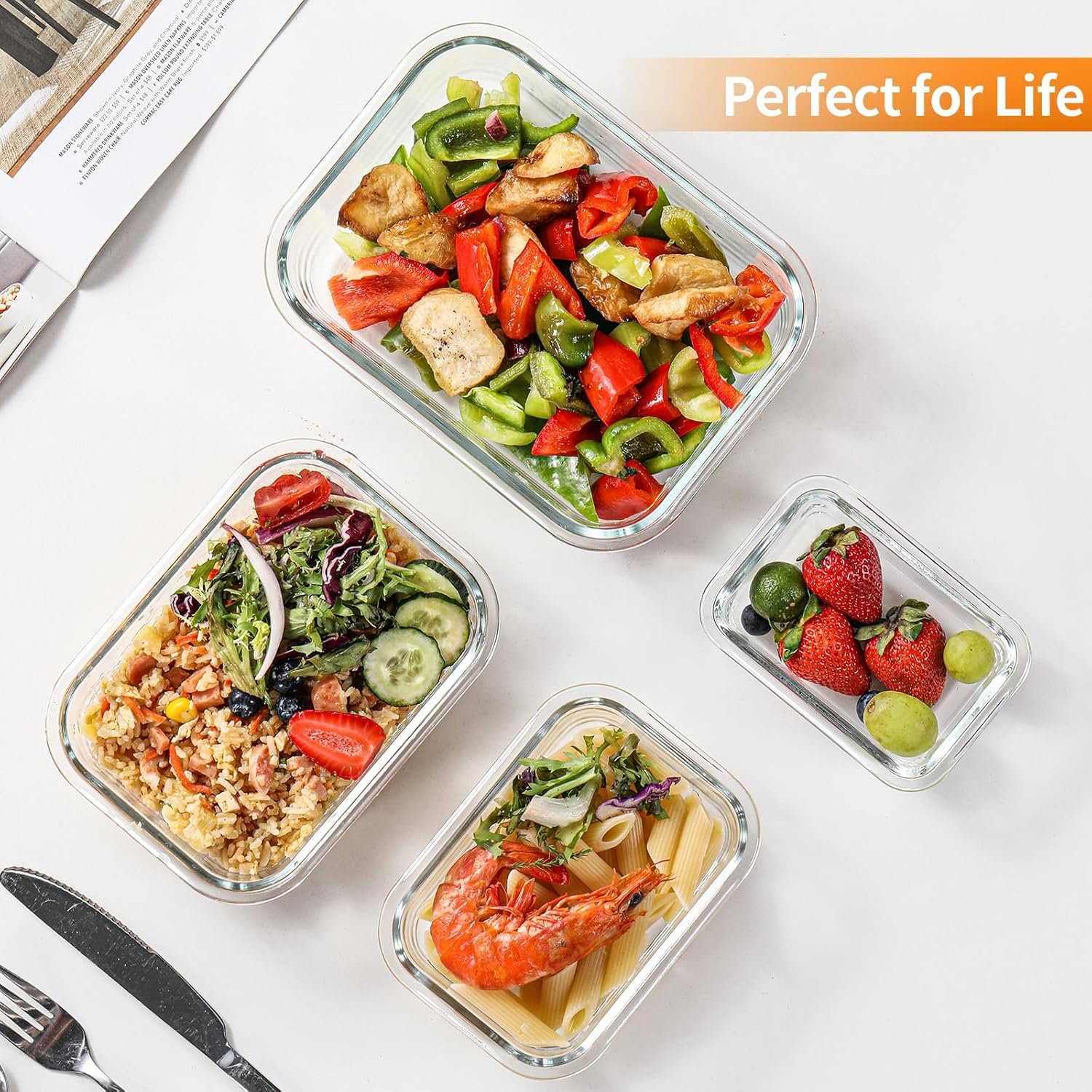 HOMBERKING 8 Pack Glass Food Storage Containers with Lids, Meal Prep Containers, Airtight Bento Boxes with Leak Proof Locking for Microwave, Oven, Freezer and Dishwasher, BPA Free, 5-35oz - Image 7