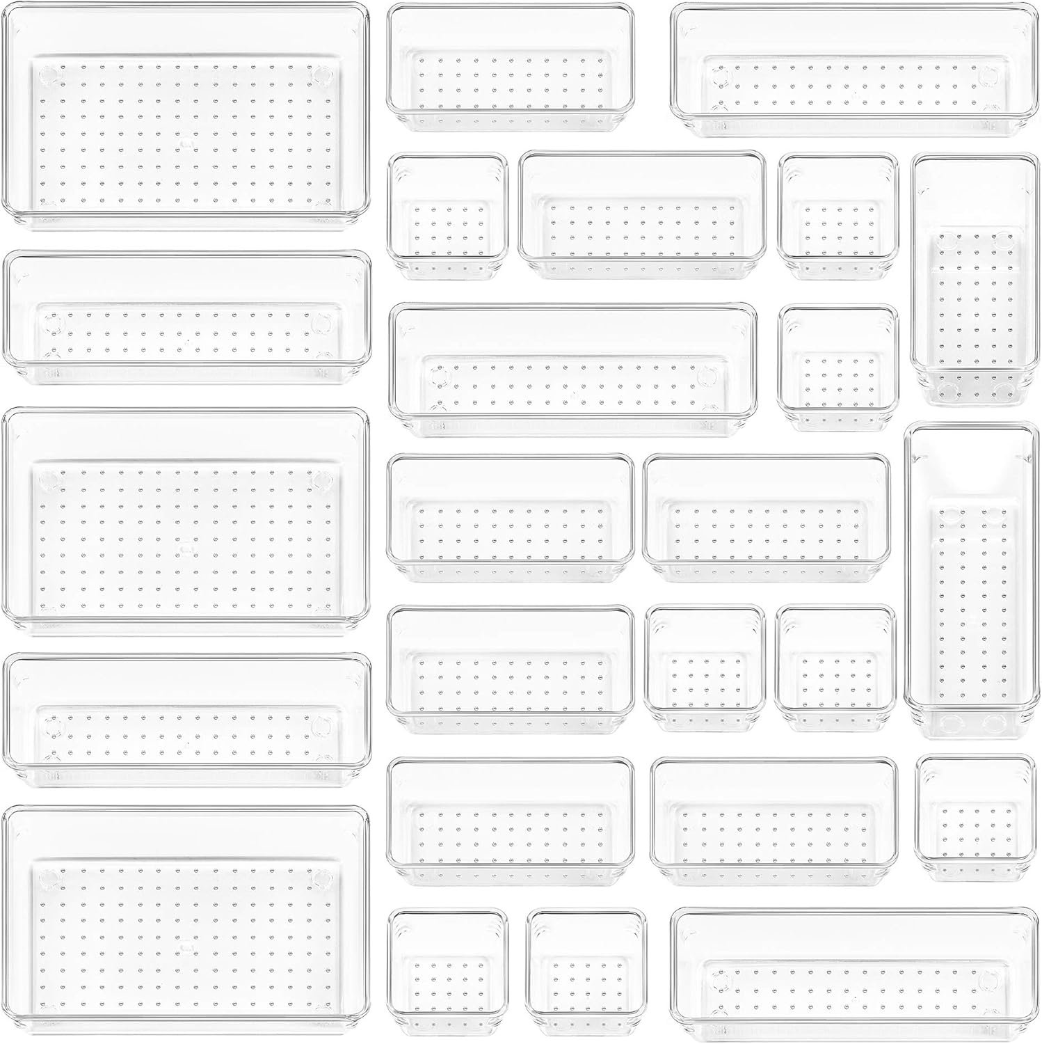 Vtopmart 25 PCS Clear Plastic Drawer Organizers Set, 4-Size Versatile Bathroom and Vanity Drawer Organizer Trays, Storage Bins for Makeup, Bedroom, Kitchen Gadgets Utensils and Office - Image 2