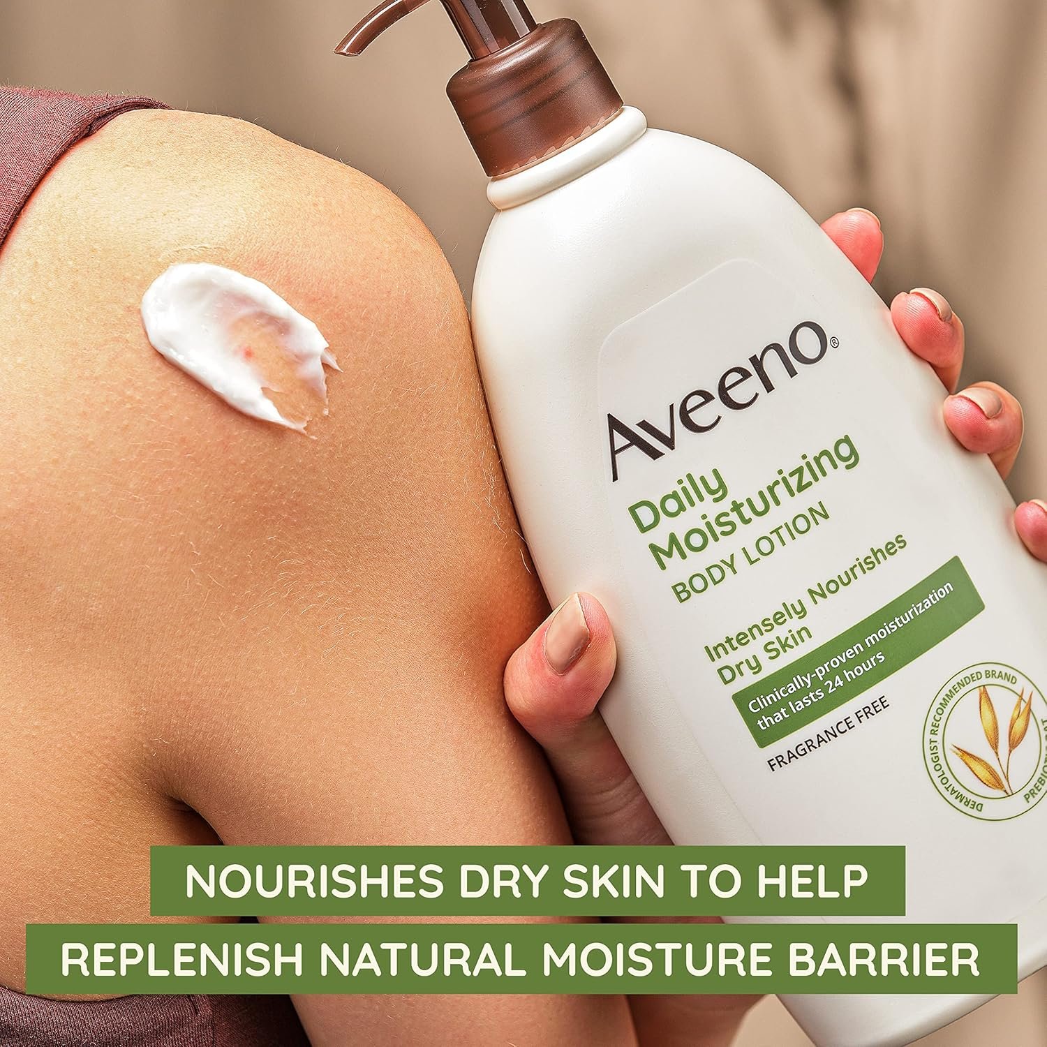 Aveeno Daily Moisturizing Body Lotion with Soothing Prebiotic Oat, Gentle Lotion Nourishes Dry Skin With Moisture, Paraben-, Dye- & Fragrance-Free, Non-Greasy & Non-Comedogenic, 12 fl. Oz - Image 4