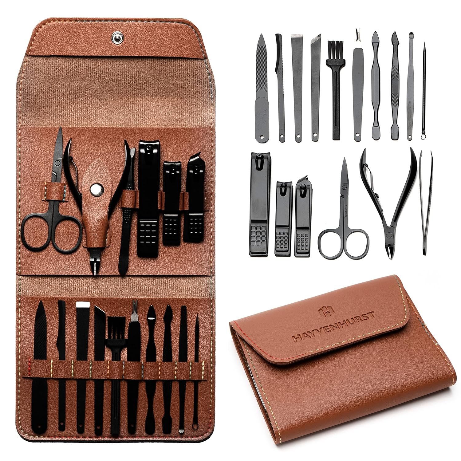 Nail Kit - Nail Clipper Set - Manicure Set -16 Stainless Steel Pieces Manicure Kit For Men’s - Pedicure Kit For Men - Mens Grooming Kit With Brown Leather portable Case by Hayvenhurst - Image 8