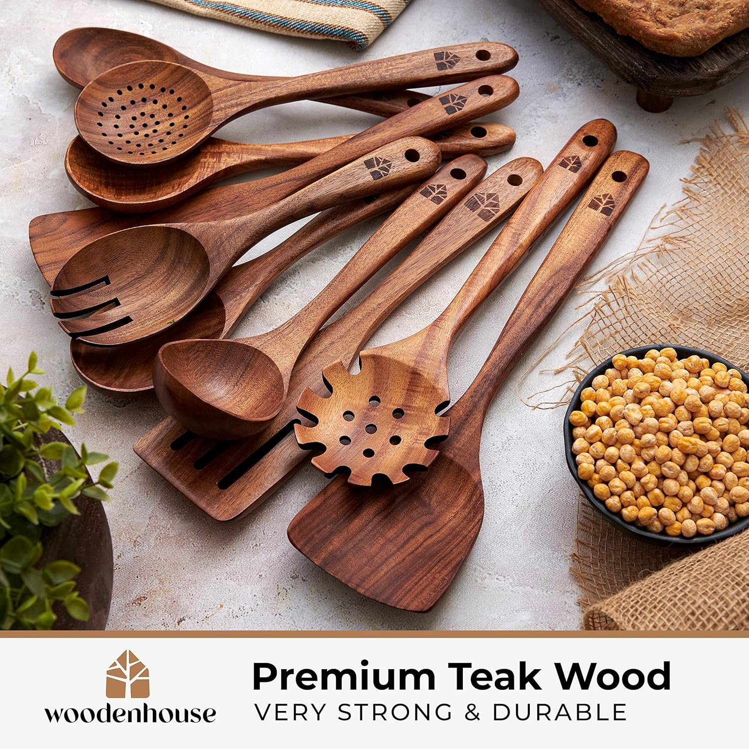 Wooden Spoons for Cooking, 10 Pcs Wooden Cooking Utensils Set – Wooden Utensil Set for Nonstick Pans & Cookware – Teak Wood - Sturdy, Lightweight & Heat Resistant - Image 3