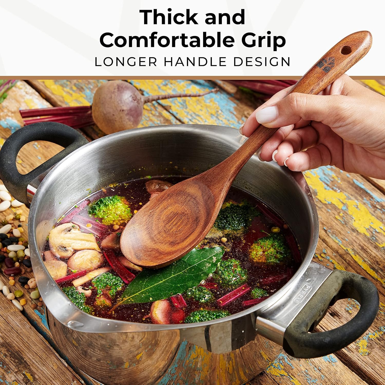 Wooden Spoons for Cooking, 10 Pcs Wooden Cooking Utensils Set – Wooden Utensil Set for Nonstick Pans & Cookware – Teak Wood - Sturdy, Lightweight & Heat Resistant - Image 6