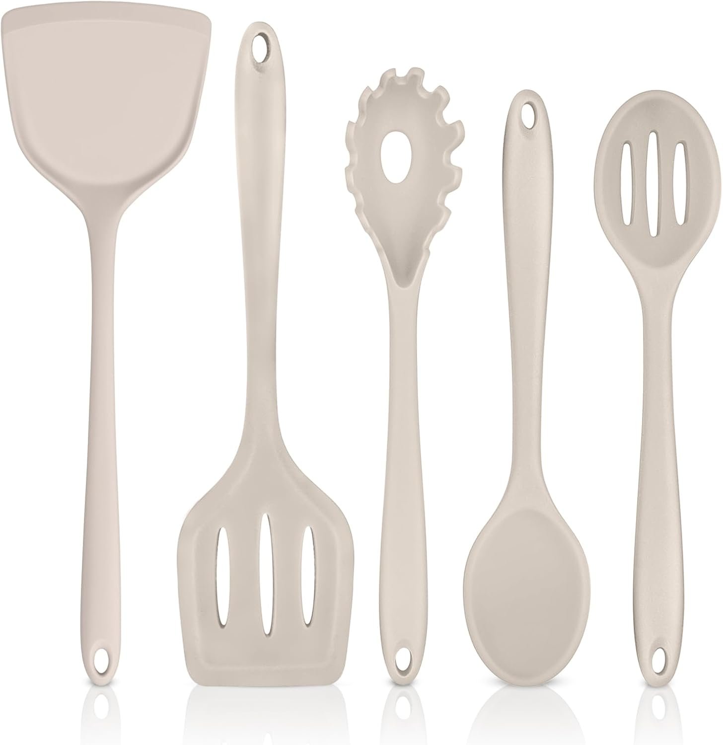 TeamFar Silicone Cooking Utensils, Kitchen Utensils Set of 5, Nonstick Cookware Tools Turners Spoons Pasta Server for Home, Healthy & Heat-Resistant, Seamless & Non-Scratch, Dishwasher Safe, Khaki - Image 2