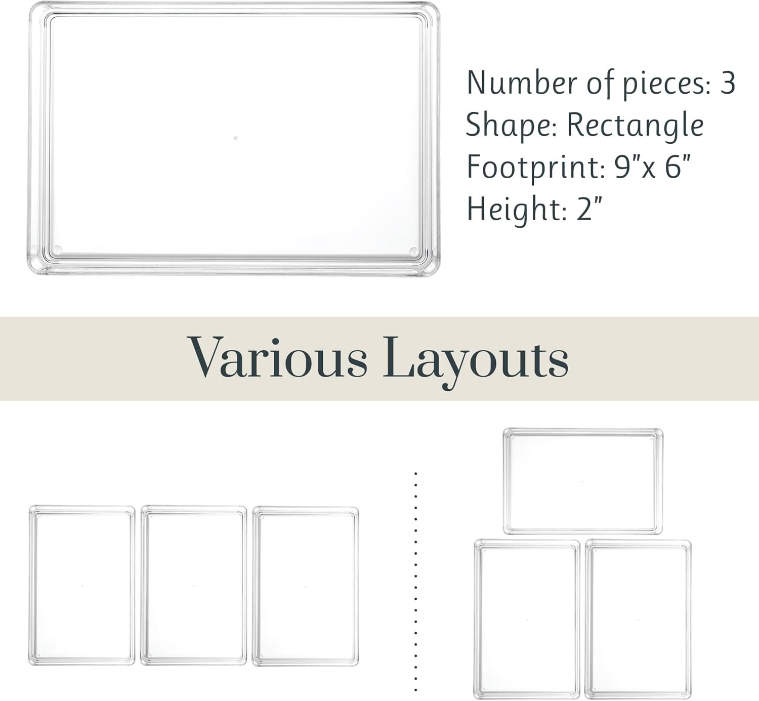 STORi SimpleSort 3-Piece Stackable Clear Drawer Organizer Set | 9" x 6" x 2" Rectangle Trays | Wide Makeup Vanity Storage Bins and Office Desk Drawer Dividers | Made in USA - Image 6