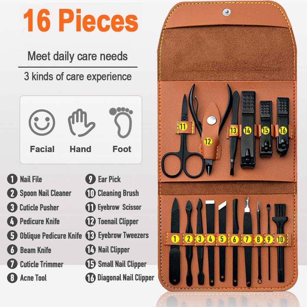 Manicure Pedicure Kit, Nail Clippers Set, Fingernail and Toenail Clipper Cutters, 16 Pieces Stainless Steel Professional Nail Care Tools with Travel Leather Case for Men Women Valentines Gift - Image 3