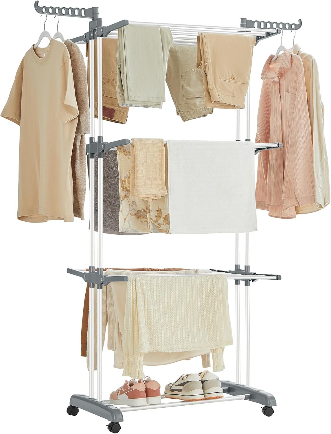 SONGMICS Clothes Drying Rack Stand 4-Tier, Foldable Laundry Drying Rack 68.1-Inch Tall, Steel, Rolling Clothes Horses Dryer Rack, Easy to Assemble, Indoor Outdoor Use, White ULLR701W01 - Image 2