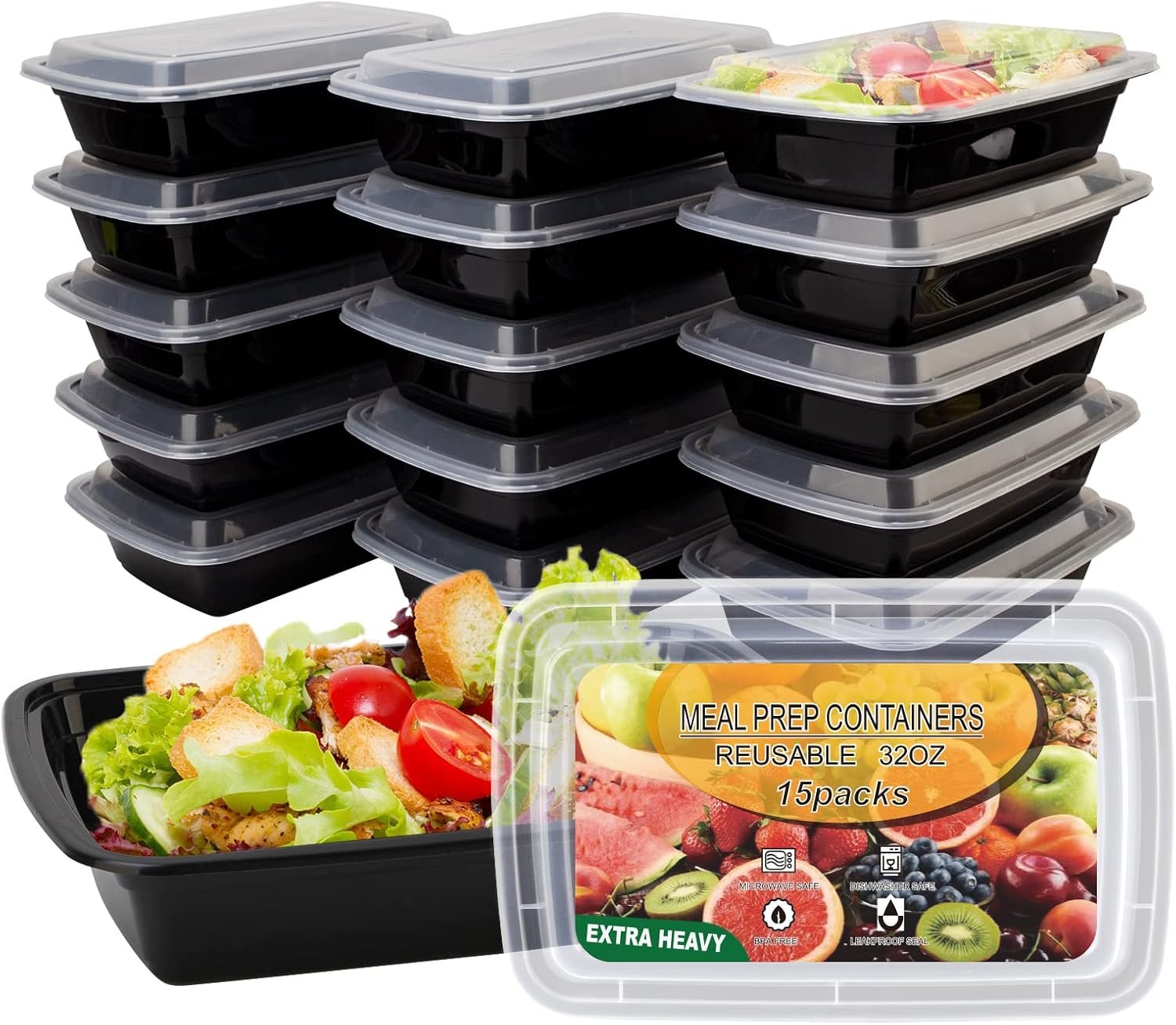 15 Pack- Meal Prep Containers 32oz, Plastic Food Prep Containers Reusable, Leakproof To Go Food Containers with Lids, BPA-Free, Microwave/Dishwasher/Freezer Safe - Image 2