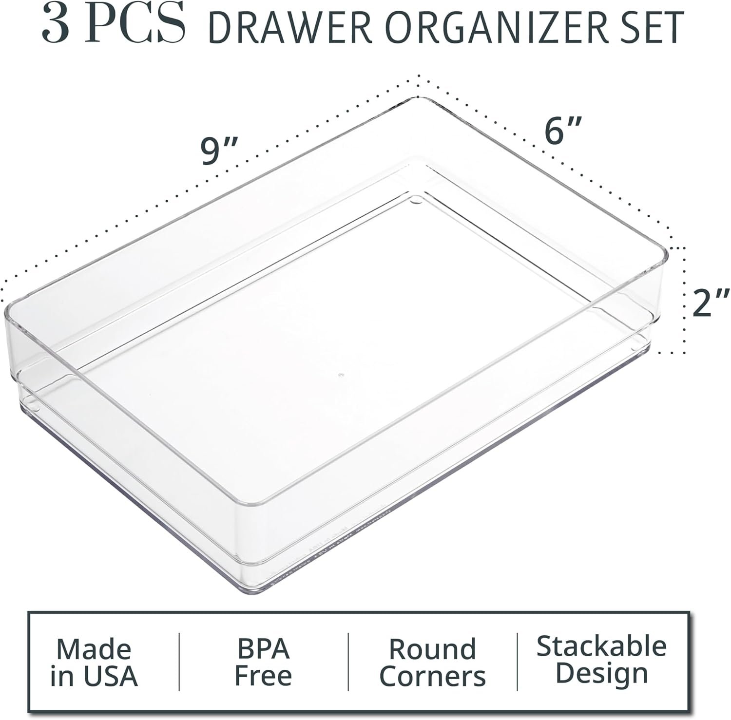 STORi SimpleSort 3-Piece Stackable Clear Drawer Organizer Set | 9" x 6" x 2" Rectangle Trays | Wide Makeup Vanity Storage Bins and Office Desk Drawer Dividers | Made in USA - Image 3