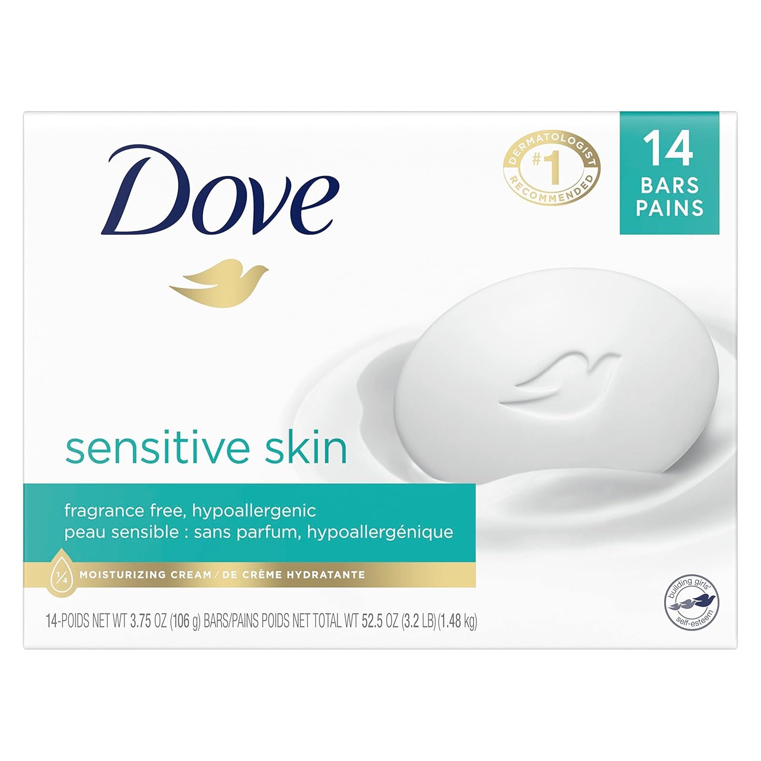 Dove Beauty Bar More Moisturizing Than Bar Soap for Softer Skin, Fragrance-Free, Hypoallergenic Beauty Bar Sensitive Skin With Gentle Cleanser 3.75 oz 14 Bars - Image 2