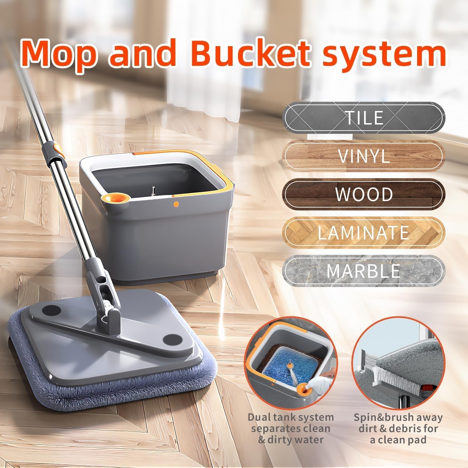 KZKR Spin Mop and Bucket Set with 6 Replaceable Microfiber Mop Pads with Self Separation Dirty and Clean Water System, Self Wringing 360° Rotating Square Mop Head for Hardwood Tile Marble Floors - Image 9