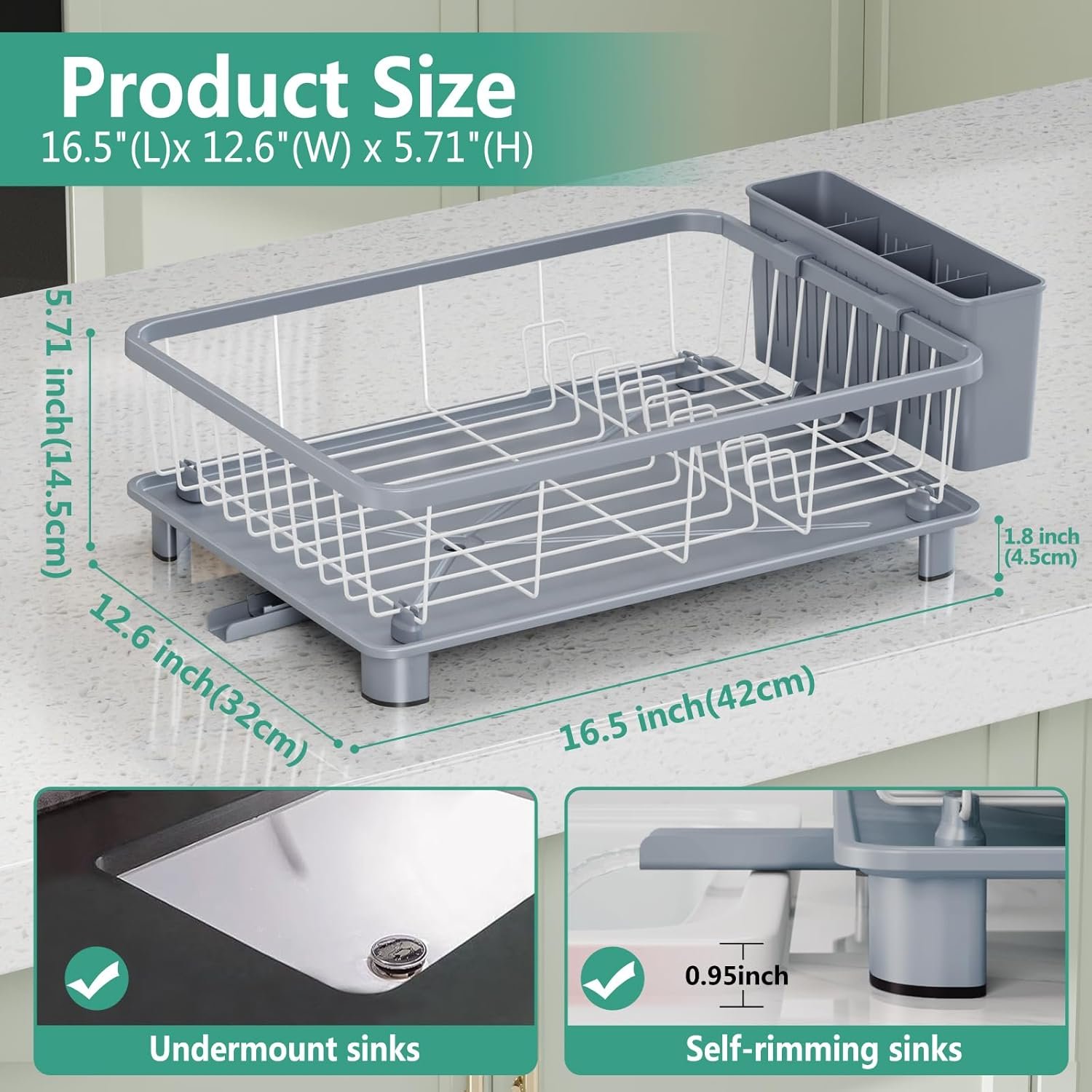 Dish Drying Rack - Space-Saving Dish Rack,Dish Racks for Kitchen Counter with Drainboard, Rustproof Dish Drainer with a Removable 4-Compartment Utensil Holder,Gray - Image 6