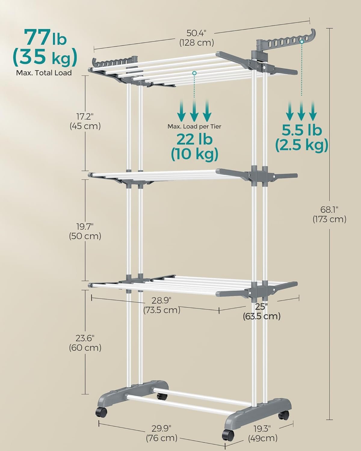 SONGMICS Clothes Drying Rack Stand 4-Tier, Foldable Laundry Drying Rack 68.1-Inch Tall, Steel, Rolling Clothes Horses Dryer Rack, Easy to Assemble, Indoor Outdoor Use, White ULLR701W01 - Image 6