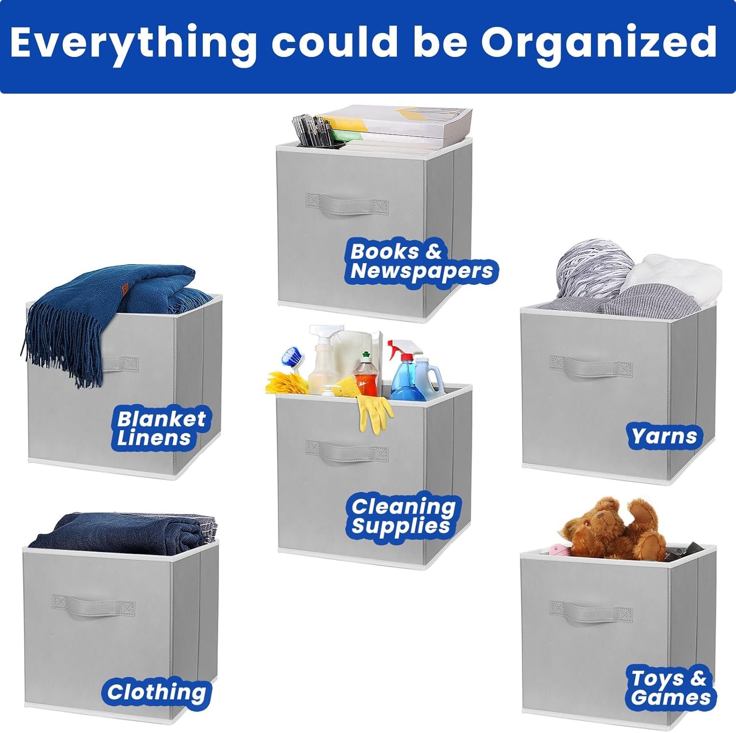 Criusia Storage Cubes, 11 Inch Cube Storage Bins for Shelves (10 Pack), Fabric Collapsible Storage Bins with Dual Handles, Foldable Cube Baskets for Clothes, Closet Organizers and Storage Box (Grey) - Image 4