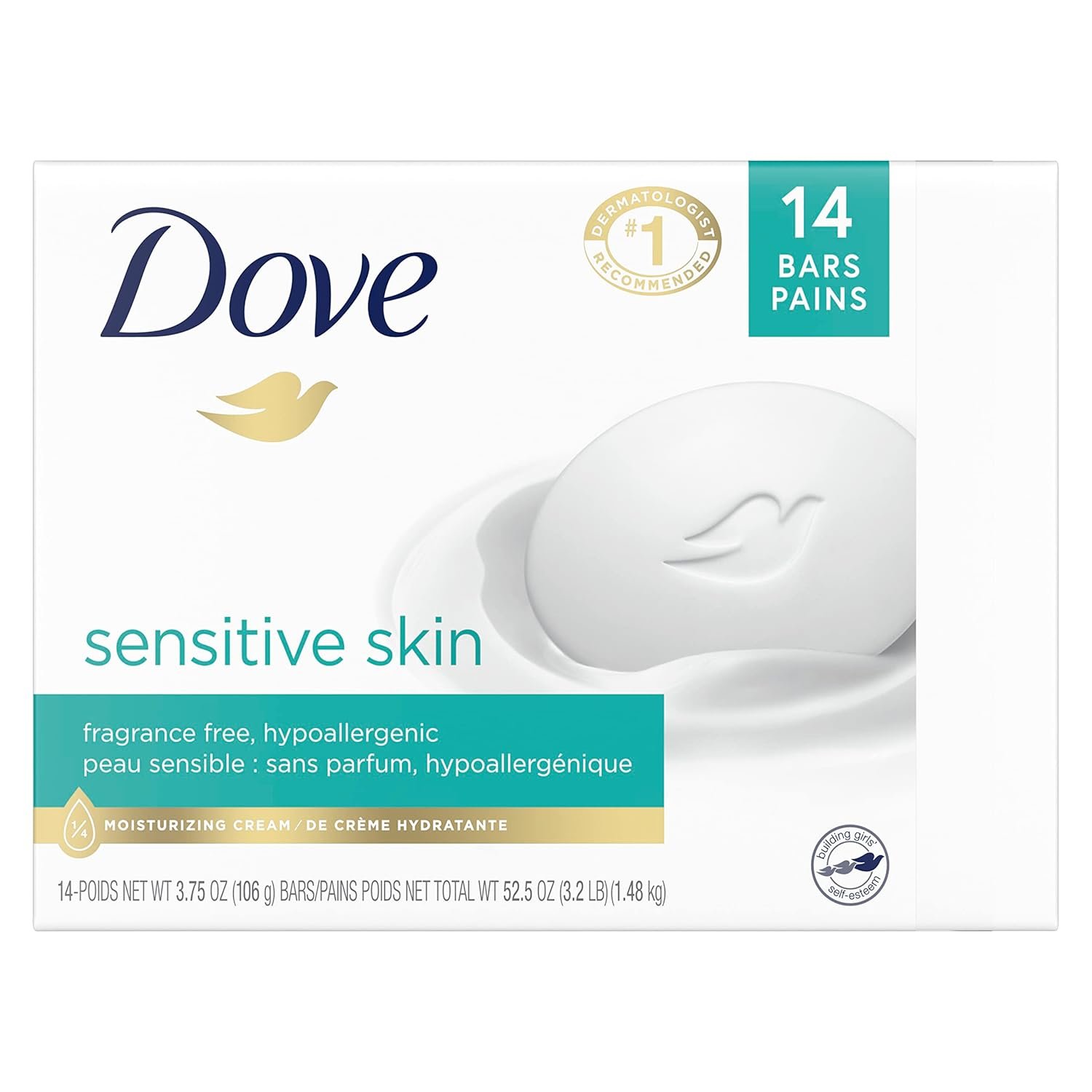 Dove Beauty Bar More Moisturizing Than Bar Soap for Softer Skin, Fragrance-Free, Hypoallergenic Beauty Bar Sensitive Skin With Gentle Cleanser 3.75 oz 14 Bars - Image 3