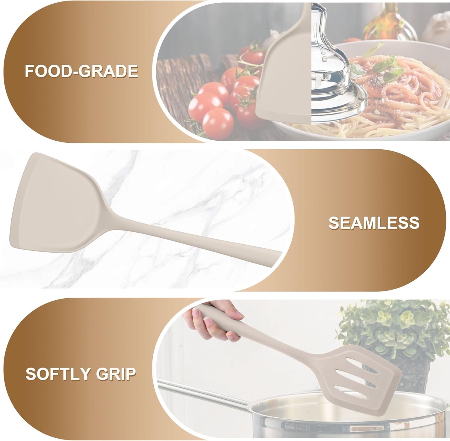 TeamFar Silicone Cooking Utensils, Kitchen Utensils Set of 5, Nonstick Cookware Tools Turners Spoons Pasta Server for Home, Healthy & Heat-Resistant, Seamless & Non-Scratch, Dishwasher Safe, Khaki - Image 5