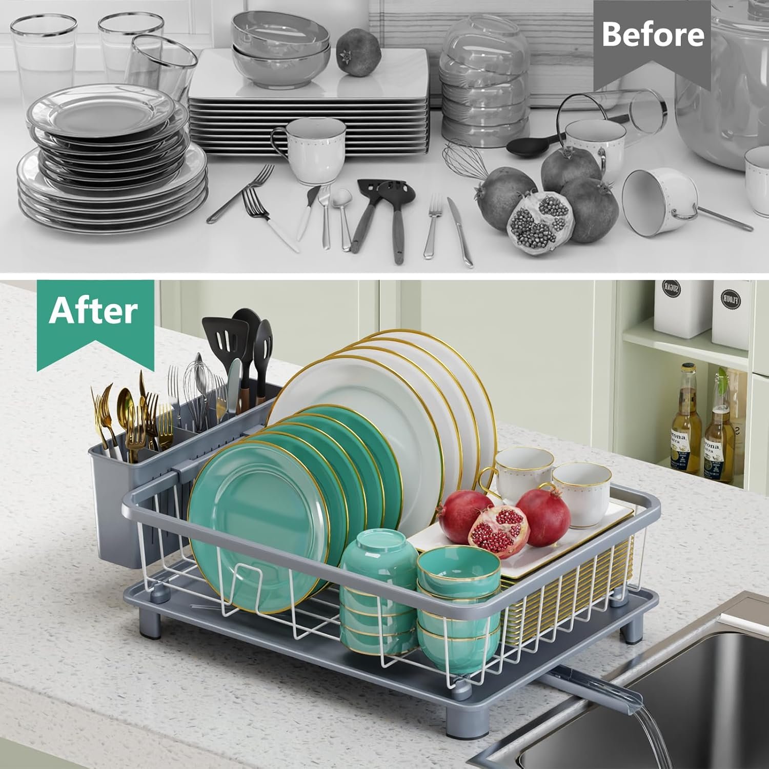 Dish Drying Rack - Space-Saving Dish Rack,Dish Racks for Kitchen Counter with Drainboard, Rustproof Dish Drainer with a Removable 4-Compartment Utensil Holder,Gray - Image 7