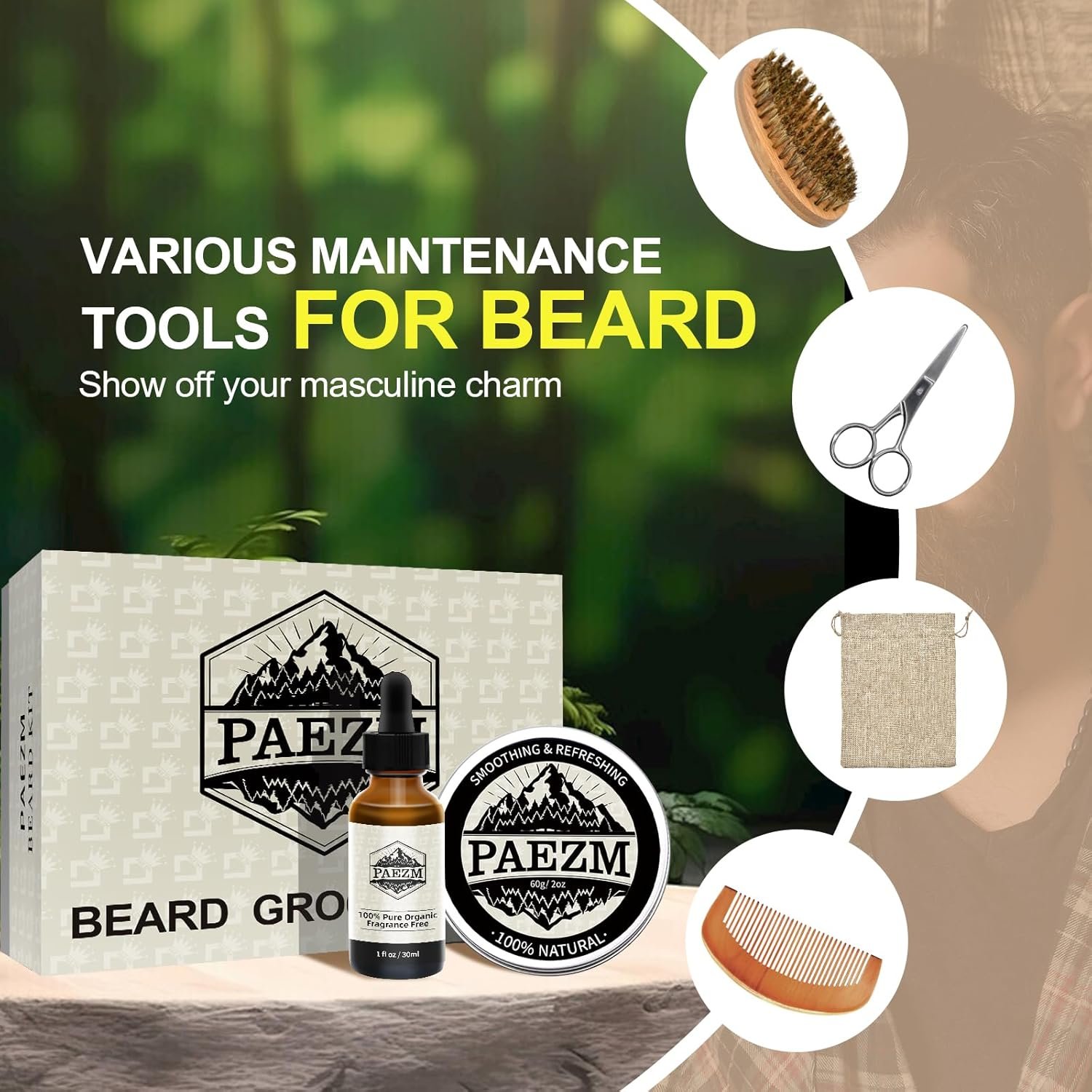 5 Piece Beard Grooming Kit for Men, including All Natural Beard Oil, Beard Balm with Sweet Orange Scent, Comb, Scissors, Storage Bag, Beard Care Set Christmas Birthday Father's Day Gift for Him - Image 3