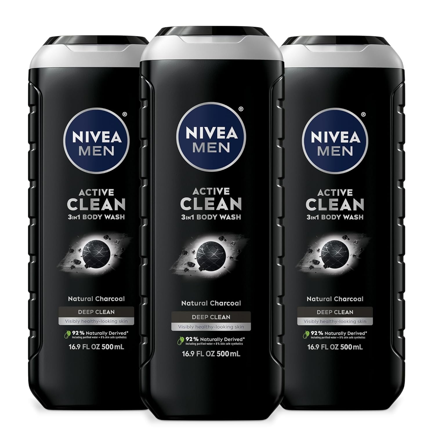 NIVEA MEN Active Clean Body Wash with Natural Charcoal for Normal to Oily Skin, 3-in-1 Charcoal Body Wash, Face and Hair, Draws Out Dirt and Impurities, 16.9 Fl Oz Bottle, Pack of 3 - Image 2