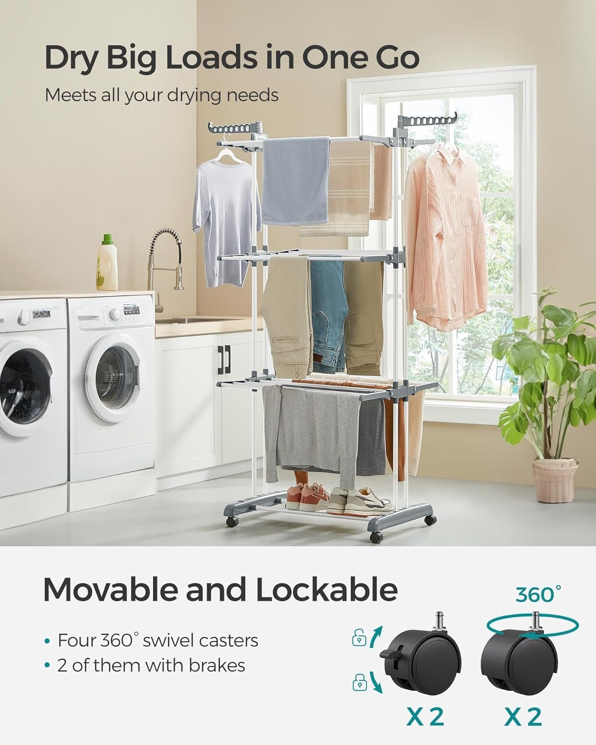 SONGMICS Clothes Drying Rack Stand 4-Tier, Foldable Laundry Drying Rack 68.1-Inch Tall, Steel, Rolling Clothes Horses Dryer Rack, Easy to Assemble, Indoor Outdoor Use, White ULLR701W01 - Image 4