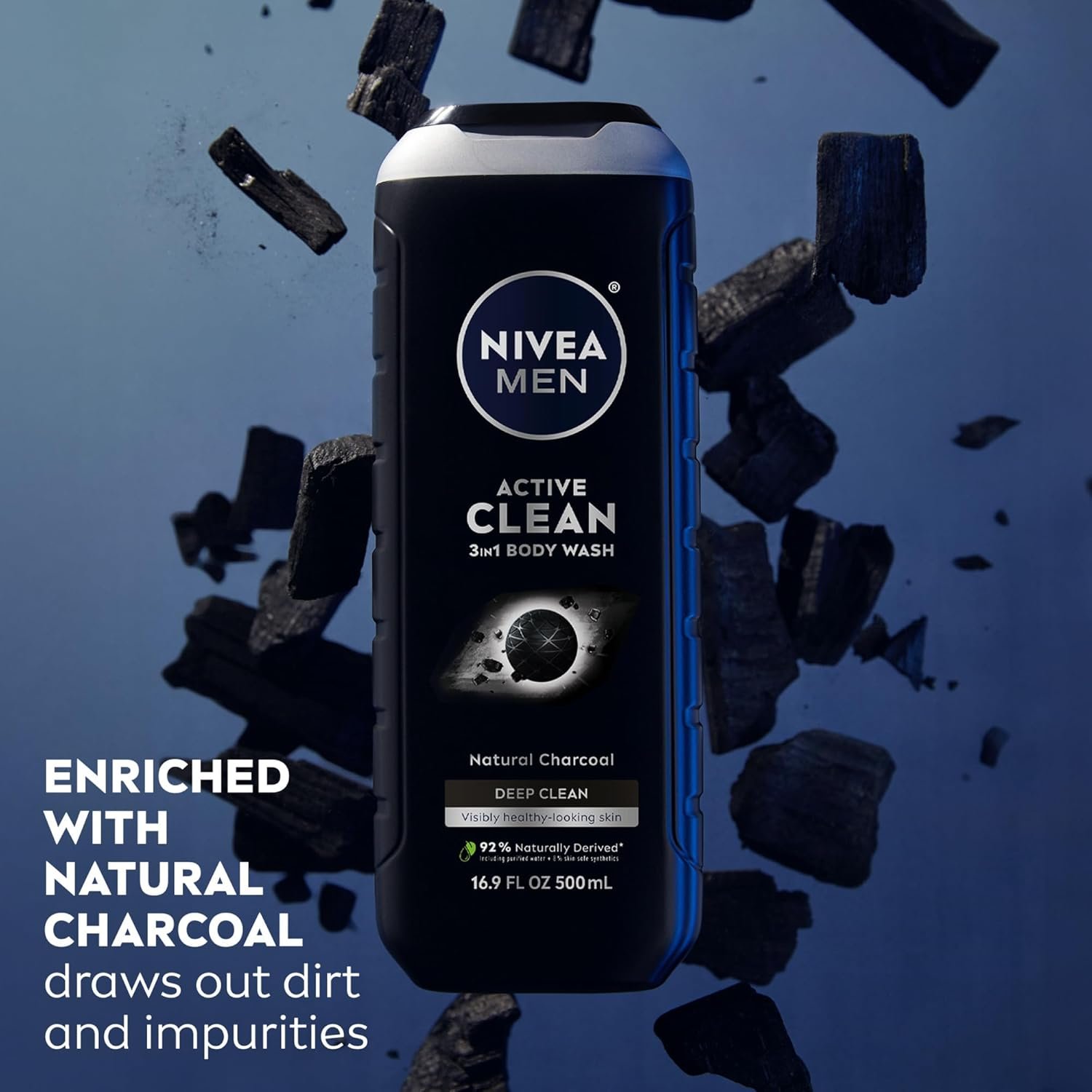 NIVEA MEN Active Clean Body Wash with Natural Charcoal for Normal to Oily Skin, 3-in-1 Charcoal Body Wash, Face and Hair, Draws Out Dirt and Impurities, 16.9 Fl Oz Bottle, Pack of 3 - Image 4