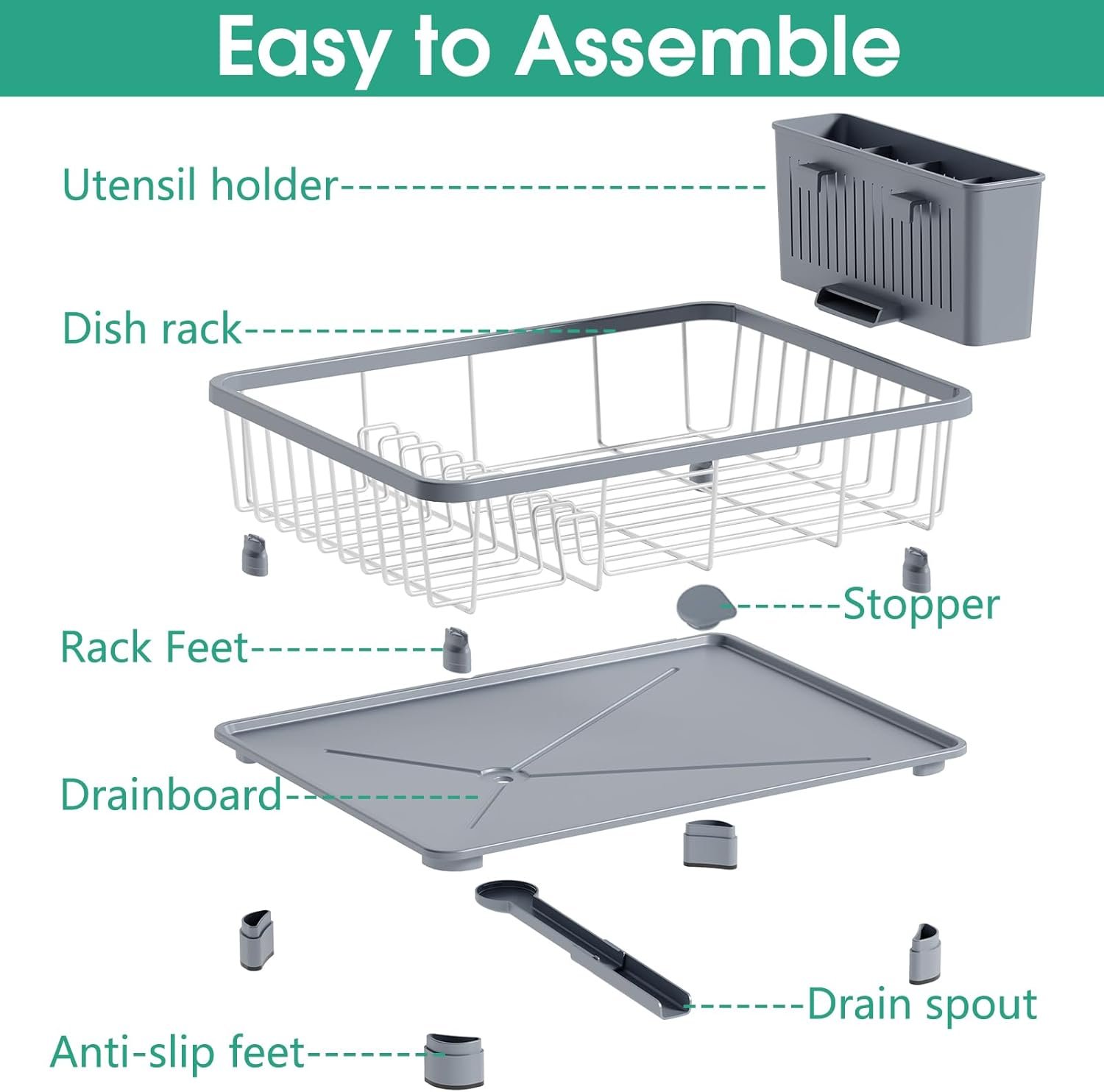 Dish Drying Rack - Space-Saving Dish Rack,Dish Racks for Kitchen Counter with Drainboard, Rustproof Dish Drainer with a Removable 4-Compartment Utensil Holder,Gray - Image 5