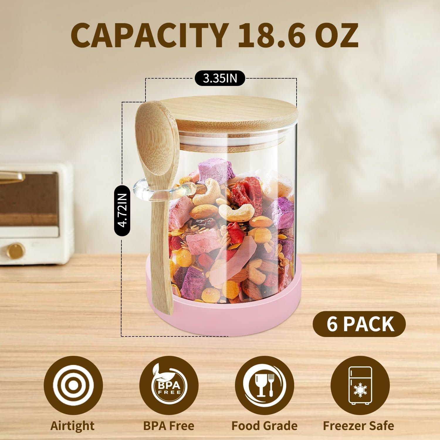 Glass Jars with Bamboo Lids and Spoons, 18.26 oz Borosilicate Glass Jars Overnight Oats Containers, Airtight Clear Food Storage Canister for Cookie, Candy, Coffee Bean, Sugar, Spices, Dry Goods - Image 3