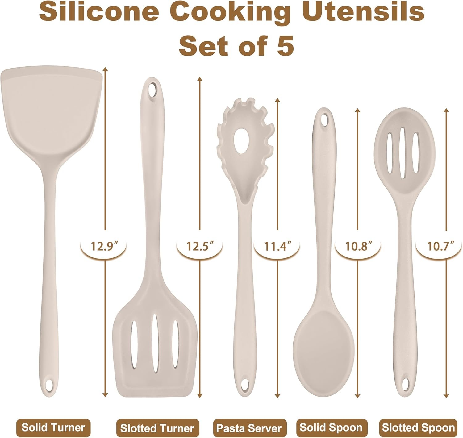 TeamFar Silicone Cooking Utensils, Kitchen Utensils Set of 5, Nonstick Cookware Tools Turners Spoons Pasta Server for Home, Healthy & Heat-Resistant, Seamless & Non-Scratch, Dishwasher Safe, Khaki - Image 3