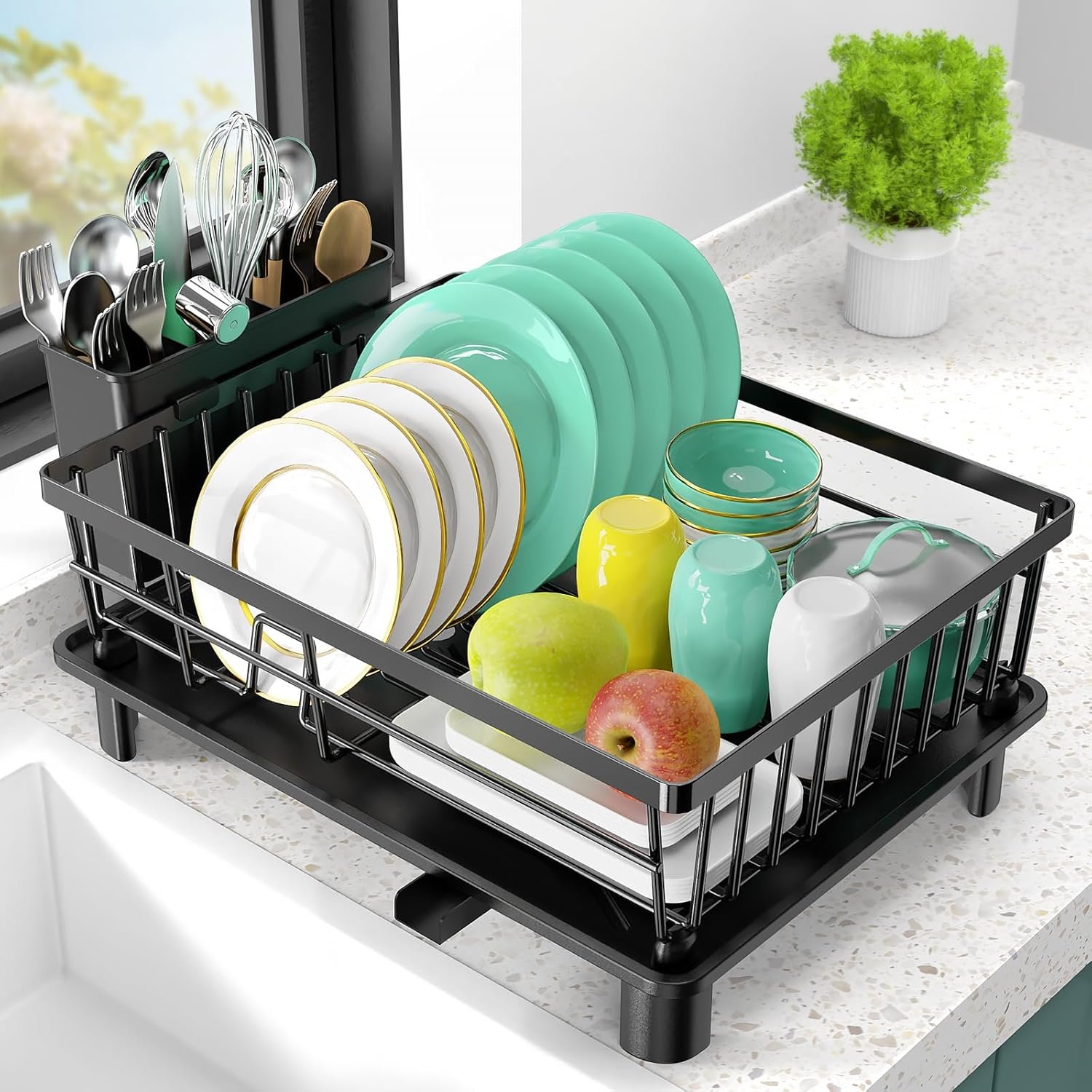 Dish Drying Rack Space-Saving Dish Rack for Kitchen Counter Stainless Steel Dish Rack with Cutlery Holder Removable Dish Drainer Kitchen Organizer for Various Dishes Spoons and Forks Black 15x11x6.7'' - Image 2