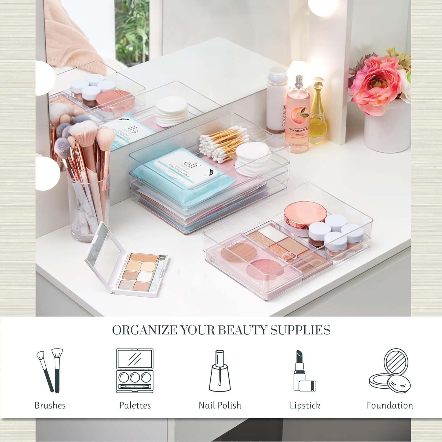 STORi SimpleSort 3-Piece Stackable Clear Drawer Organizer Set | 9" x 6" x 2" Rectangle Trays | Wide Makeup Vanity Storage Bins and Office Desk Drawer Dividers | Made in USA - Image 4