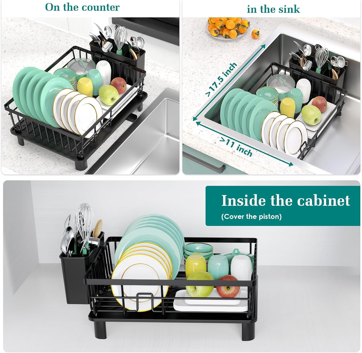 Dish Drying Rack Space-Saving Dish Rack for Kitchen Counter Stainless Steel Dish Rack with Cutlery Holder Removable Dish Drainer Kitchen Organizer for Various Dishes Spoons and Forks Black 15x11x6.7'' - Image 3