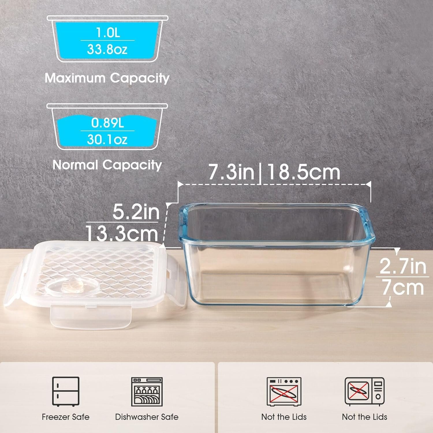 NUTRIUPS 1L/33Oz Glass Food Storage Container, Small Food Storage Container with Leakproof Airtight Lids, Meal Prep Containters -Microwave Safe & Oven Safe (NOT THE LIDS)-Rectangular - Image 3