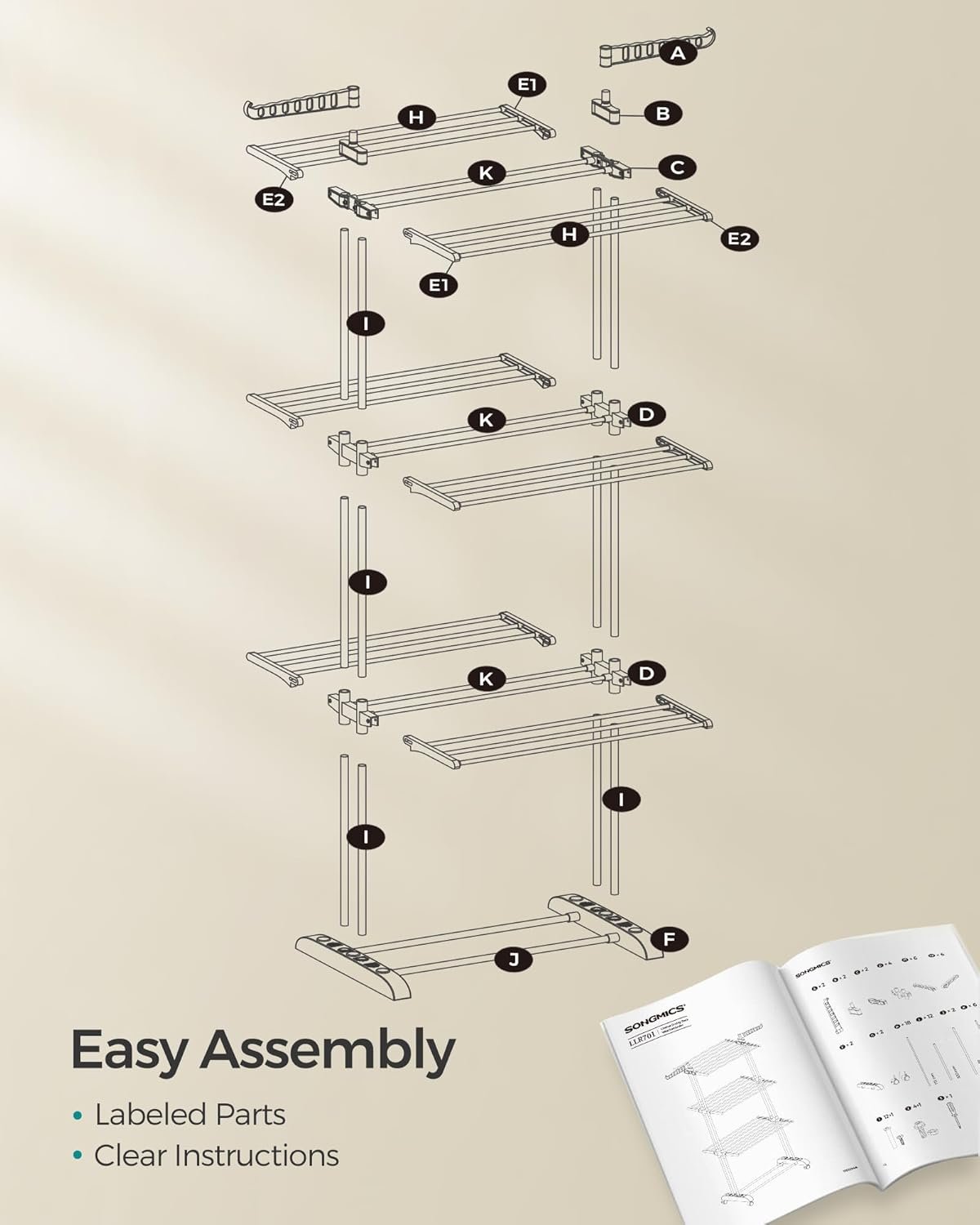 SONGMICS Clothes Drying Rack Stand 4-Tier, Foldable Laundry Drying Rack 68.1-Inch Tall, Steel, Rolling Clothes Horses Dryer Rack, Easy to Assemble, Indoor Outdoor Use, White ULLR701W01 - Image 9