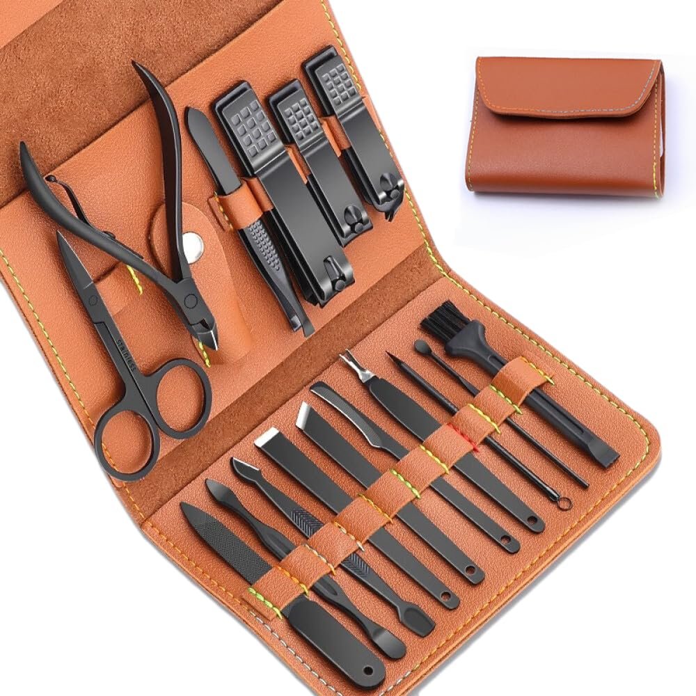 Manicure Pedicure Kit, Nail Clippers Set, Fingernail and Toenail Clipper Cutters, 16 Pieces Stainless Steel Professional Nail Care Tools with Travel Leather Case for Men Women Valentines Gift - Image 2