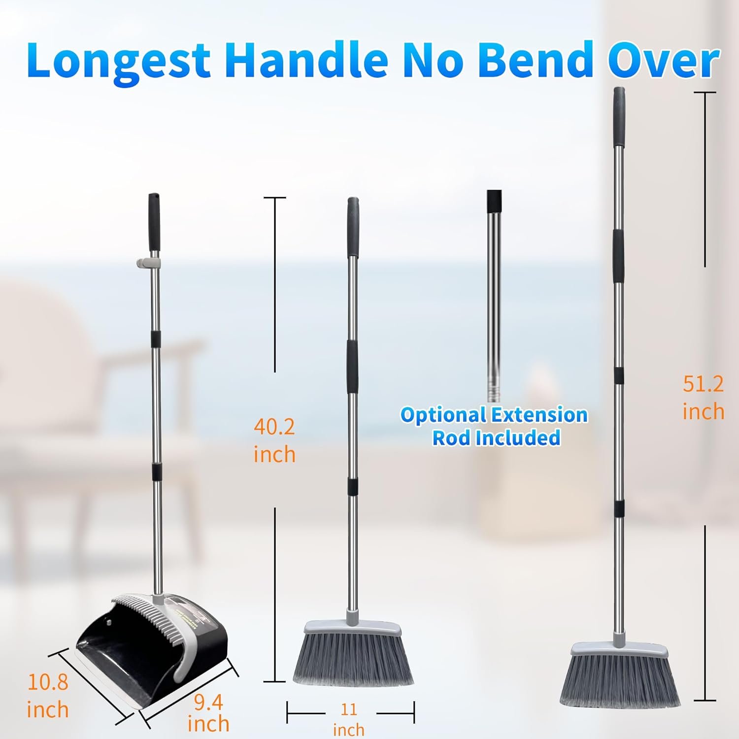 Broom with Dustpan Combo Set Broom and Dustpan Set Dust Pan with 51.2" Stainless Steel Long Handle, Brooms with 5-Layer Plus Firm and Soft Bristles Combine, New Home Apartment Office Essentials - Image 3