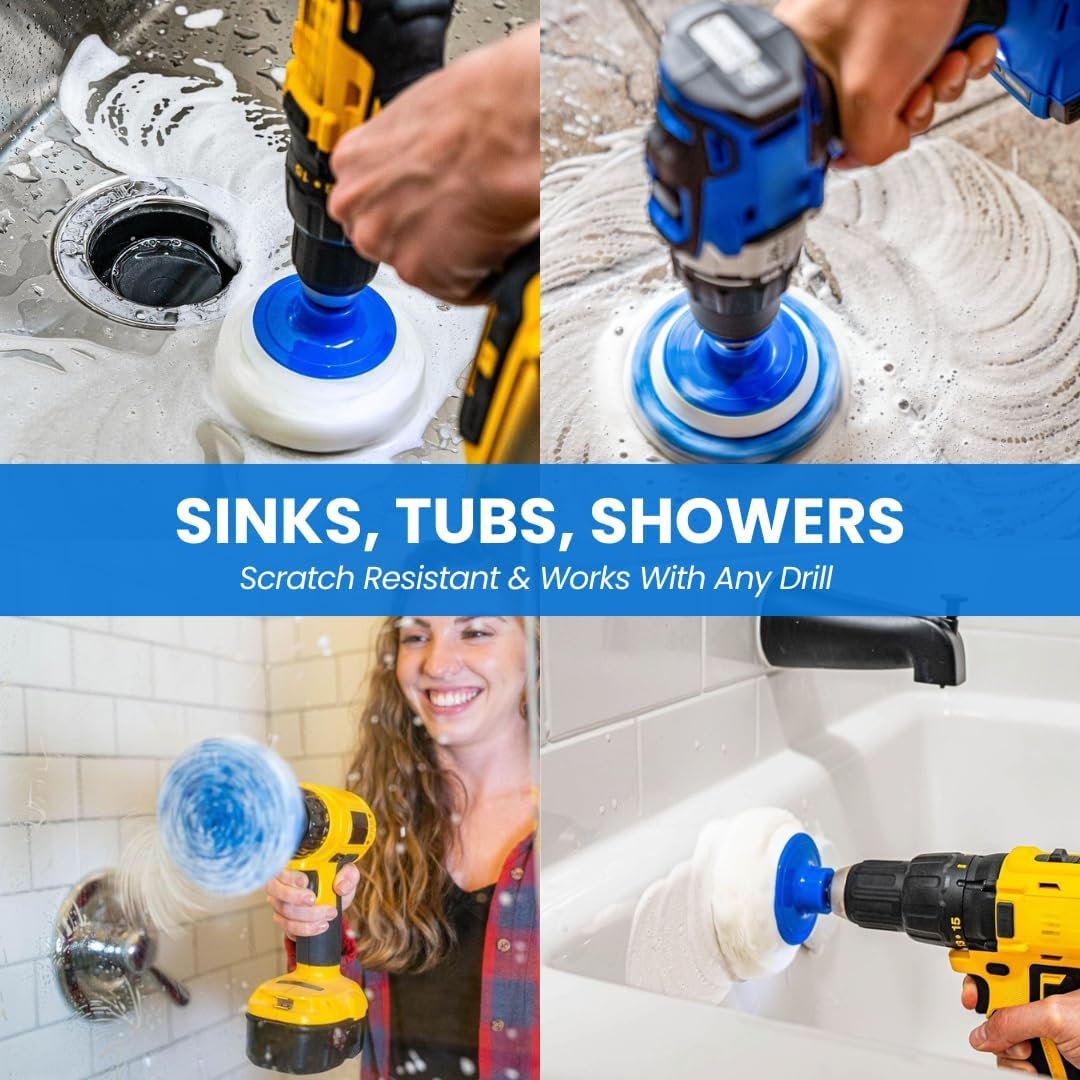 7 Pack Multi-Purpose Drill Brush Kit for Cleaning Bathrooms, Showers, Tubs, Tile, Floors, Sinks, Toilets, Grout and Grime Removal, Reversible Blue and White Scrub Pads - Image 6