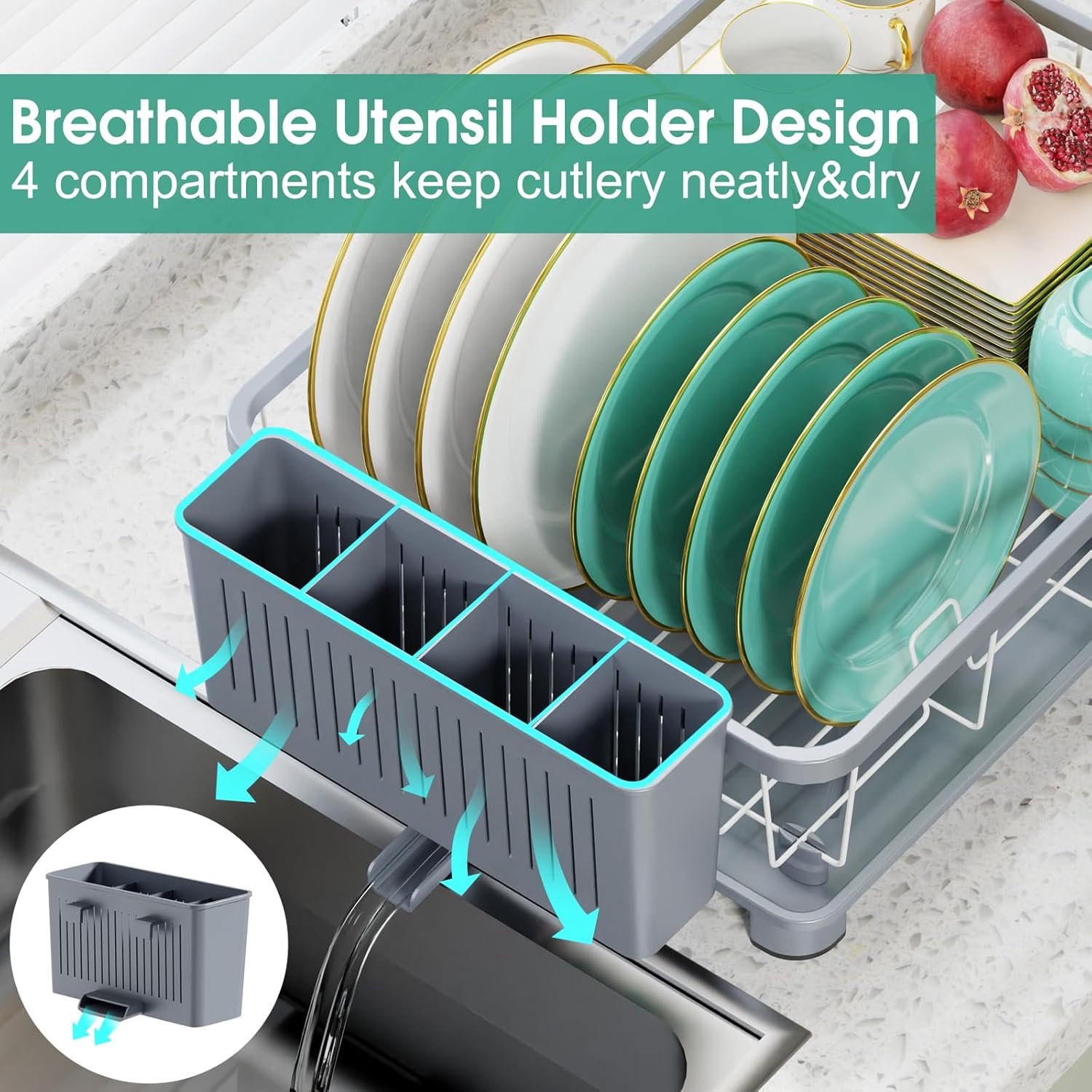 Dish Drying Rack - Space-Saving Dish Rack,Dish Racks for Kitchen Counter with Drainboard, Rustproof Dish Drainer with a Removable 4-Compartment Utensil Holder,Gray - Image 3