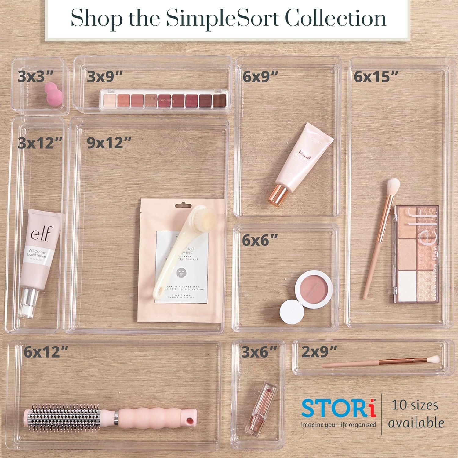 STORi SimpleSort 3-Piece Stackable Clear Drawer Organizer Set | 9" x 6" x 2" Rectangle Trays | Wide Makeup Vanity Storage Bins and Office Desk Drawer Dividers | Made in USA - Image 9