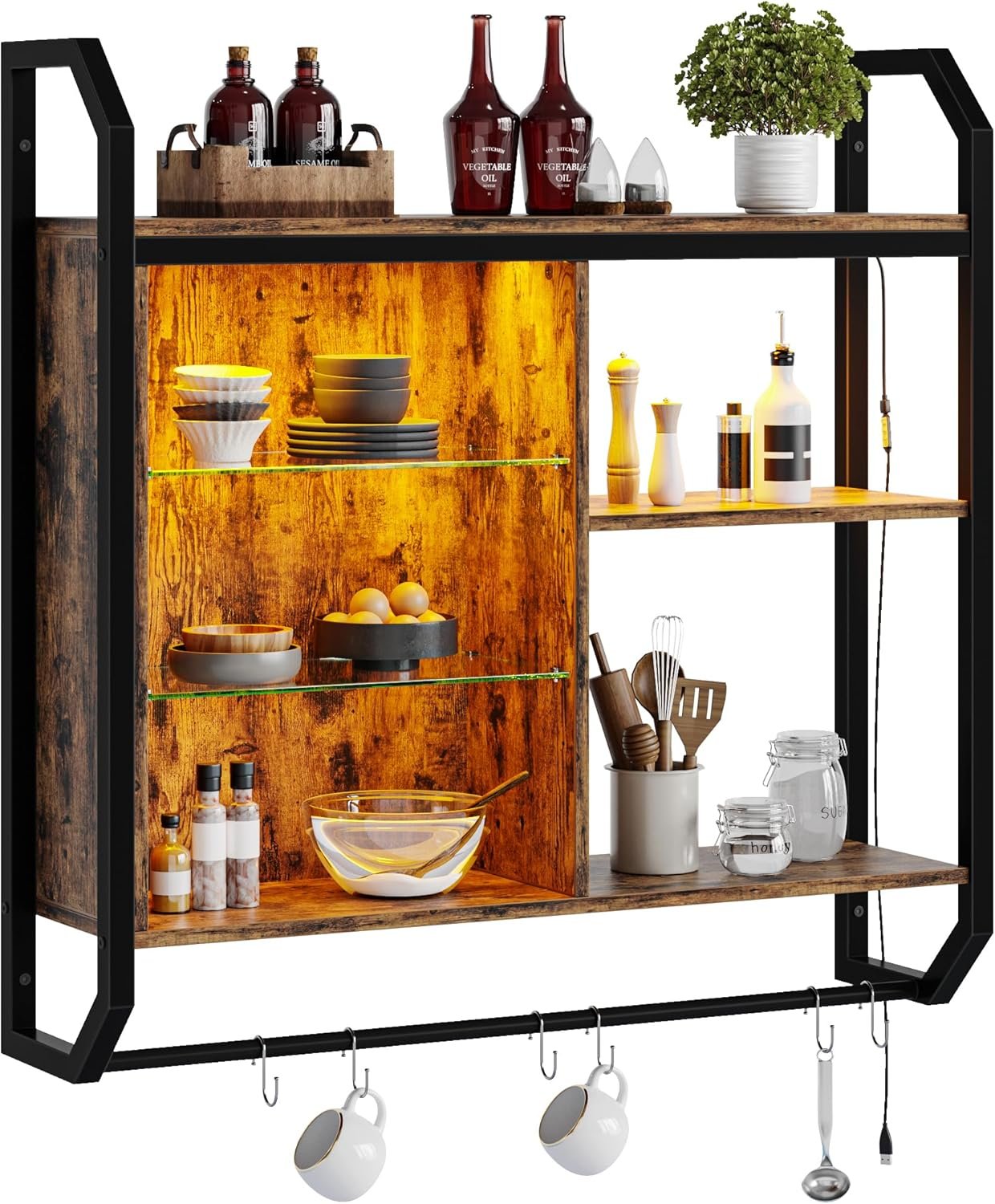 Bestier LED Kitchen Floating Shelves, 34" Industrial Pipe Shelves with Adjustable Glass Shelves, Wall Mounted Shelf with 6 S-Hook Towel Bar, Wine Coffee Bar Rack for Room Decor Rustic Brown - Image 9
