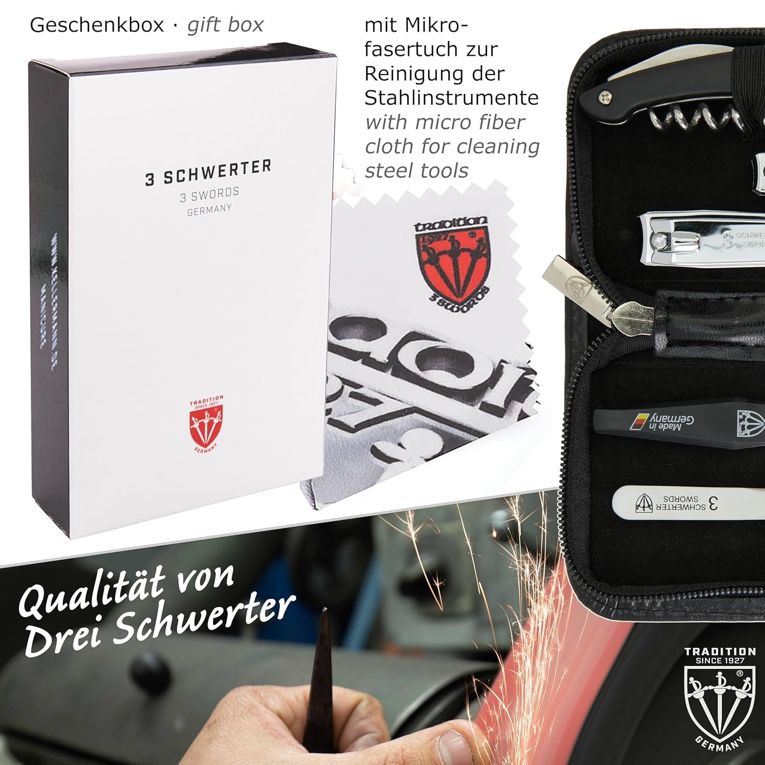 3 Swords Germany - brand quality 5 piece manicure pedicure grooming kit set for professional finger & toe nail care scissors clipper fashion leather case in gift box, Made by 3 Swords (00804) - Image 7