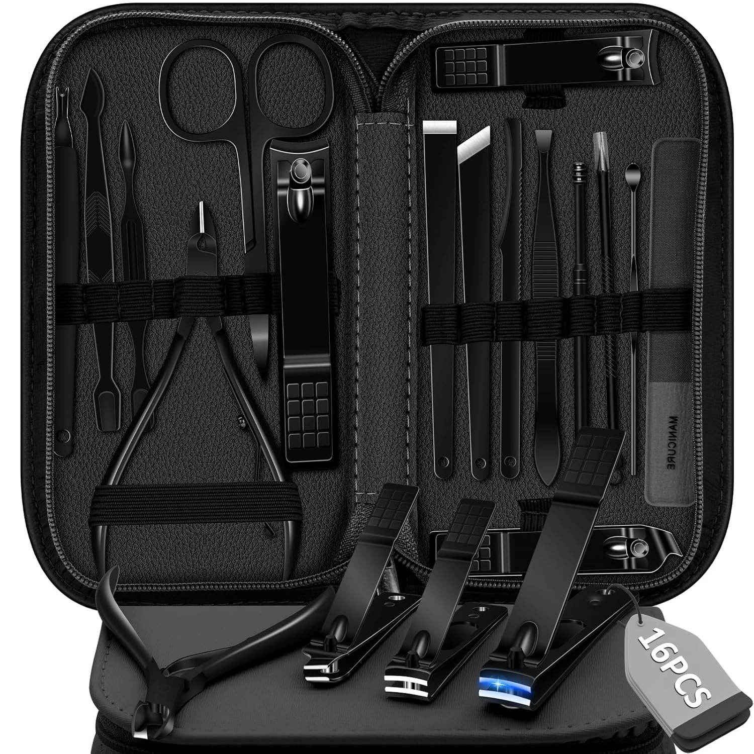 Manicure Set 16 In 1 Professional Stainless Steel Pedicure Kit Toenail Clippers Set Mens Grooming Kit Fingernail Kit for Women with Luxurious Travel Bag, Suitable for Home, Travel, and Salon (Black) - Image 2