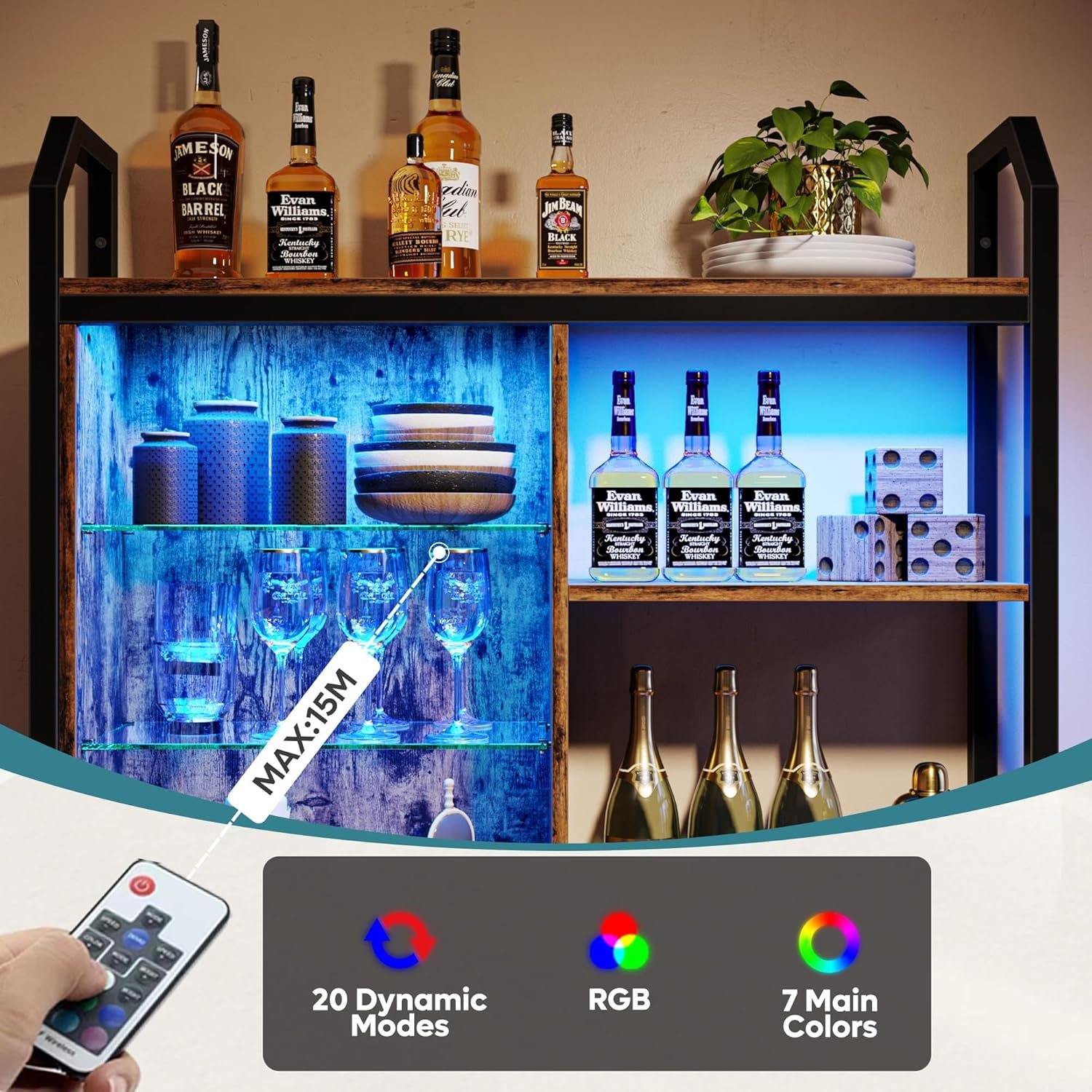 Bestier LED Kitchen Floating Shelves, 34" Industrial Pipe Shelves with Adjustable Glass Shelves, Wall Mounted Shelf with 6 S-Hook Towel Bar, Wine Coffee Bar Rack for Room Decor Rustic Brown - Image 4