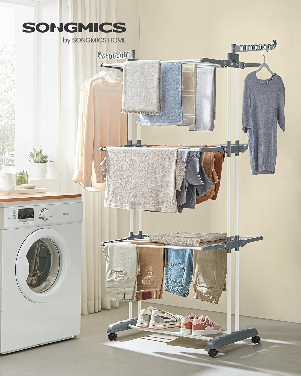 SONGMICS Clothes Drying Rack Stand 4-Tier, Foldable Laundry Drying Rack 68.1-Inch Tall, Steel, Rolling Clothes Horses Dryer Rack, Easy to Assemble, Indoor Outdoor Use, White ULLR701W01 - Image 3