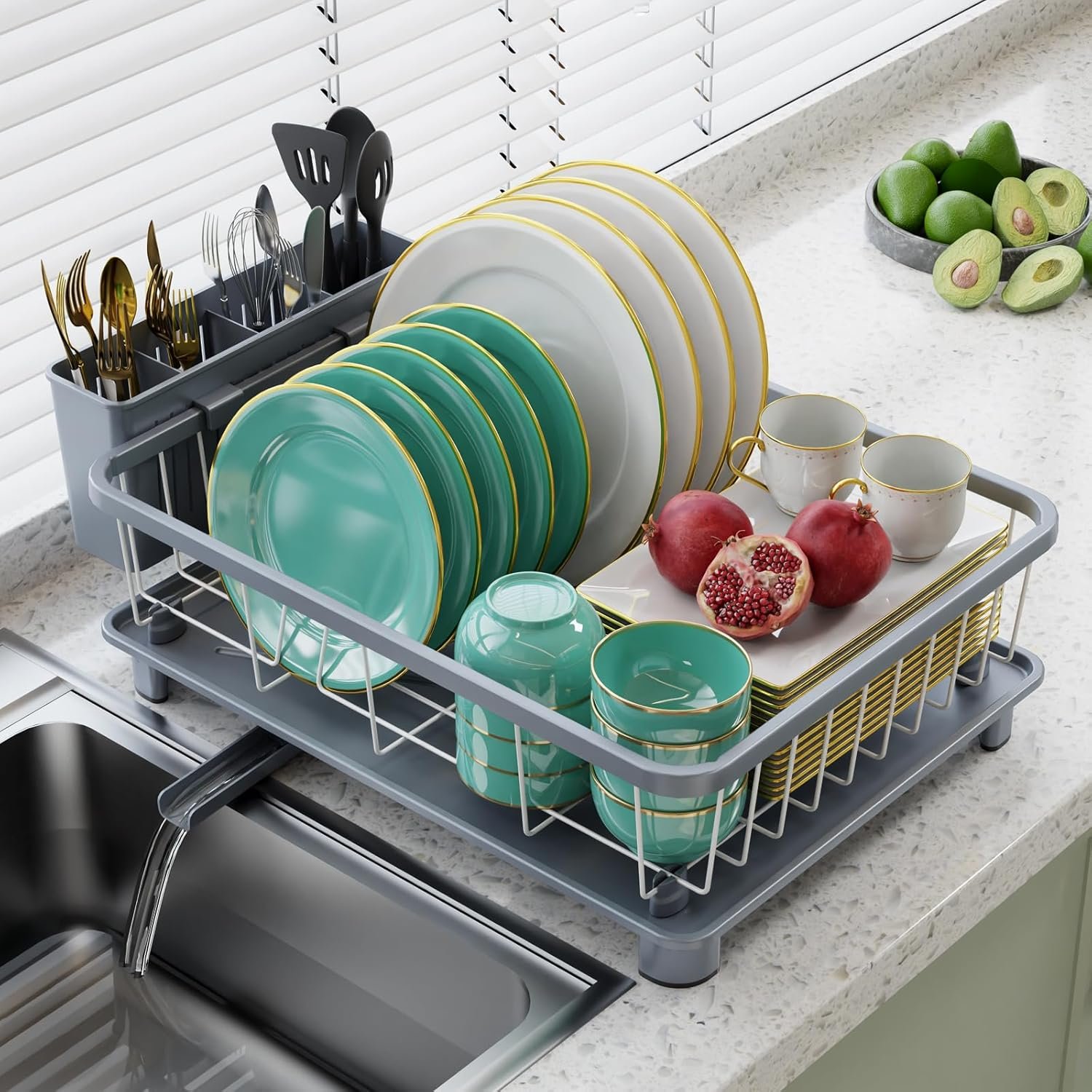 Dish Drying Rack - Space-Saving Dish Rack,Dish Racks for Kitchen Counter with Drainboard, Rustproof Dish Drainer with a Removable 4-Compartment Utensil Holder,Gray - Image 2