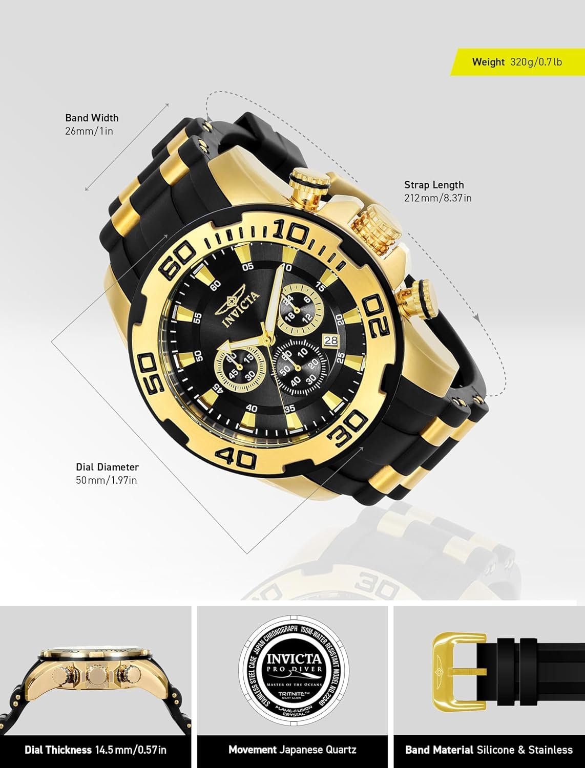 Invicta Men's 22340 Pro Diver Analog Display Quartz Black Watch - Image 4