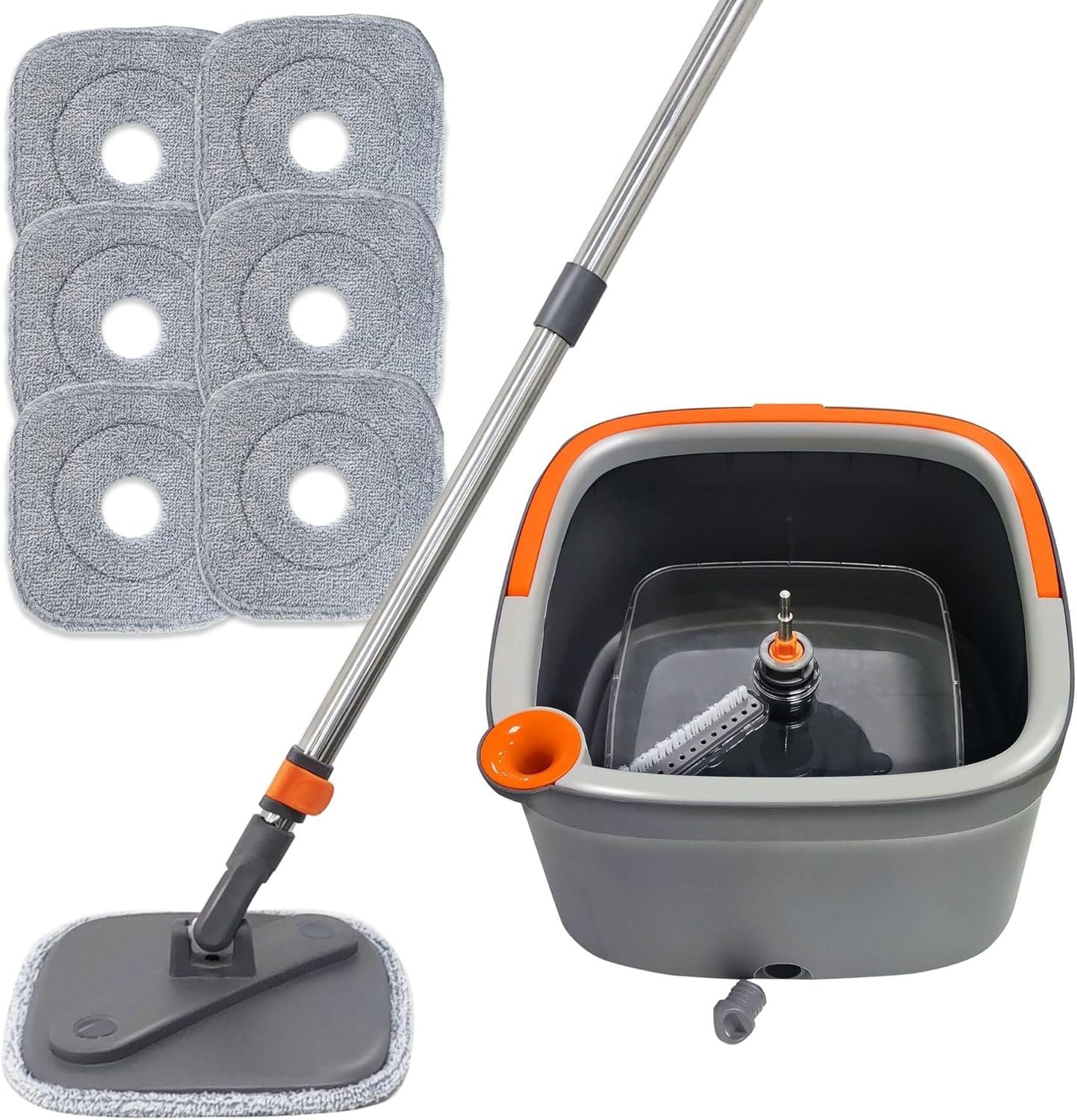 KZKR Spin Mop and Bucket Set with 6 Replaceable Microfiber Mop Pads with Self Separation Dirty and Clean Water System, Self Wringing 360° Rotating Square Mop Head for Hardwood Tile Marble Floors - Image 2