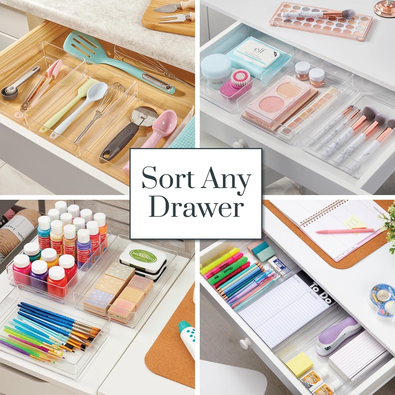 STORi SimpleSort 3-Piece Stackable Clear Drawer Organizer Set | 9" x 6" x 2" Rectangle Trays | Wide Makeup Vanity Storage Bins and Office Desk Drawer Dividers | Made in USA - Image 5