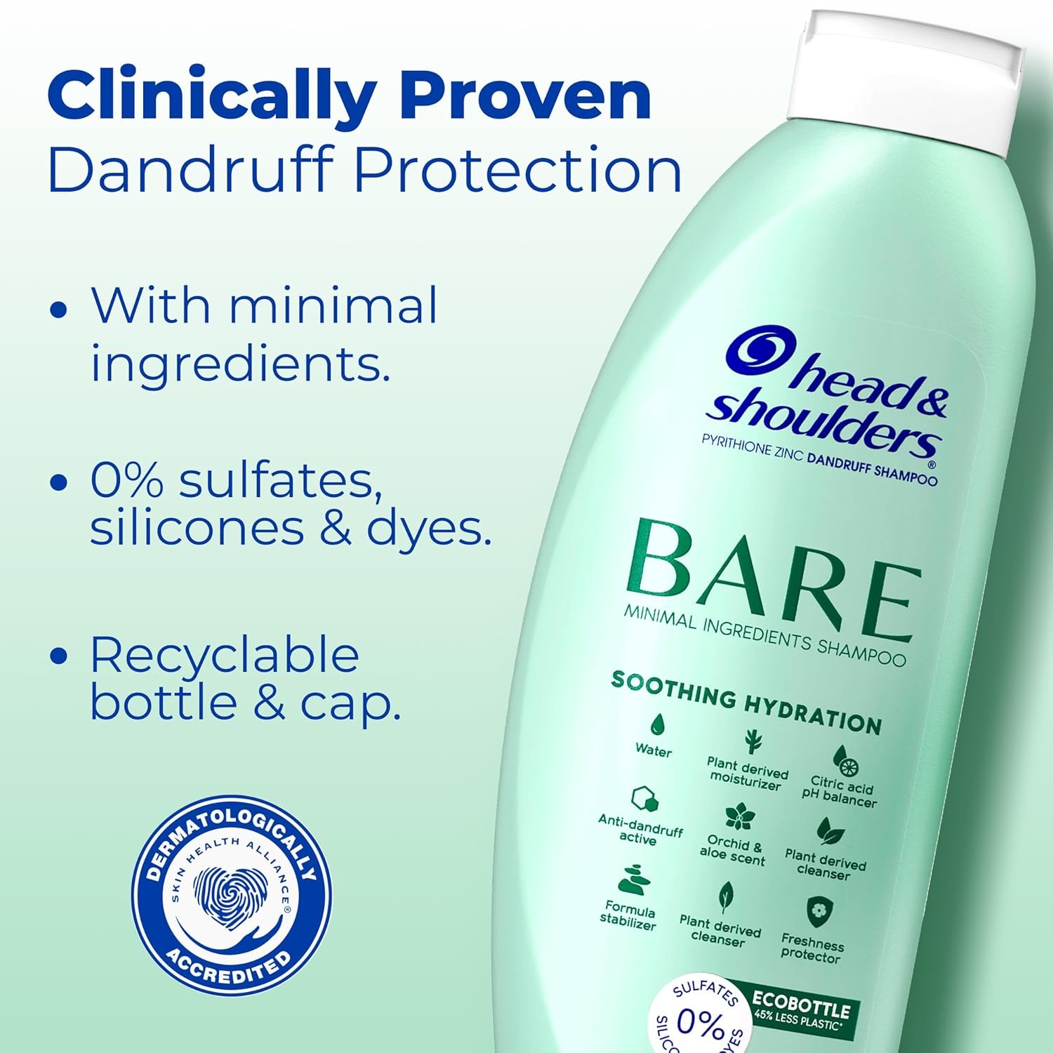 Head & Shoulders BARE Dandruff Shampoo Twin Pack, Sulfate-Free, Silicion-Free, Dye-Free, Eco-Friendly Bottles, Safe for All Hair Types, 13.5 Fl Oz Each (Set of 2) - Image 3