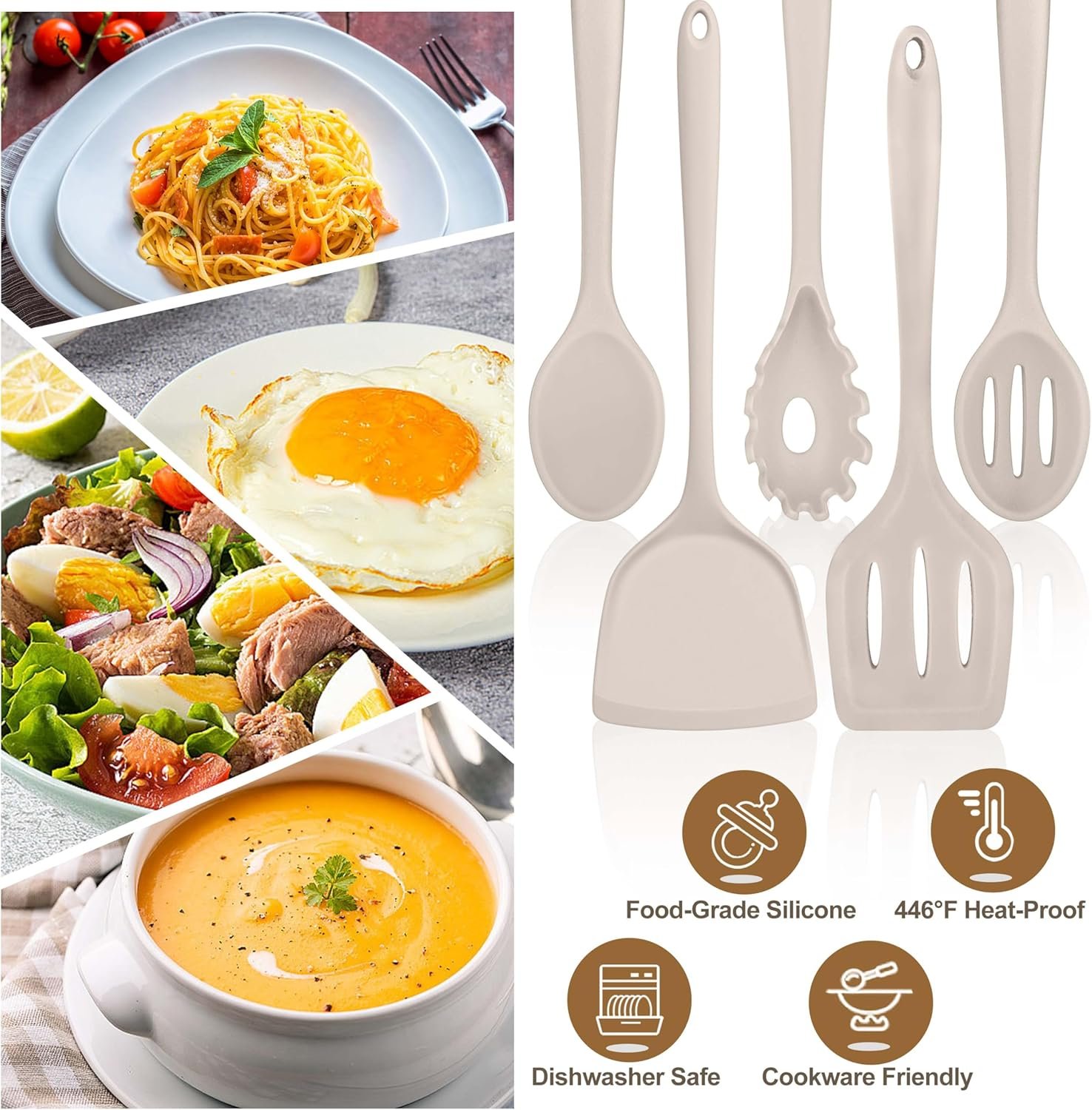 TeamFar Silicone Cooking Utensils, Kitchen Utensils Set of 5, Nonstick Cookware Tools Turners Spoons Pasta Server for Home, Healthy & Heat-Resistant, Seamless & Non-Scratch, Dishwasher Safe, Khaki - Image 6