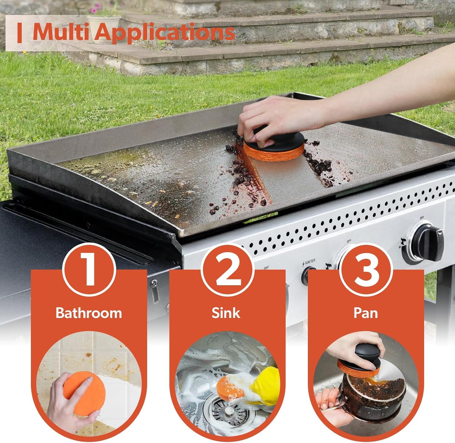 Griddle Cleaning Kit for Blackstone, Flat Top Grill Cleaning Kit Multi-Purpose Heavy Duty Non-Scratch Scouring Pads for Kitchen - 5 Scrubber Pads and 1 Handle - Image 3